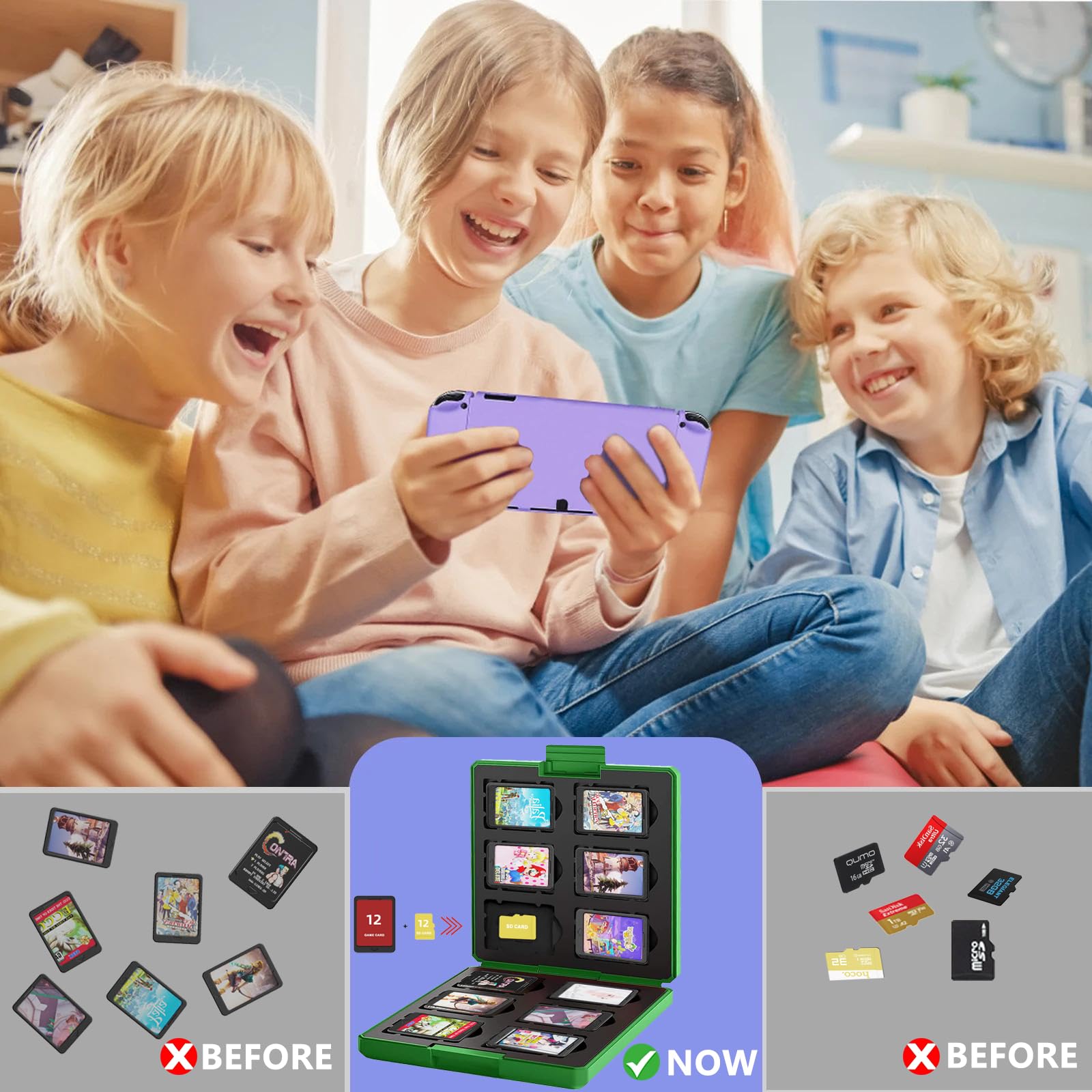 Nintendo Switch Game Cartridge Holder – Portable Slim Case for 12 Games & 12 SD Cards | Expandable to 24 Game Slots | Green Mini World Design | Perfect for Travel, Gaming Parties & Switch Accessories Organization