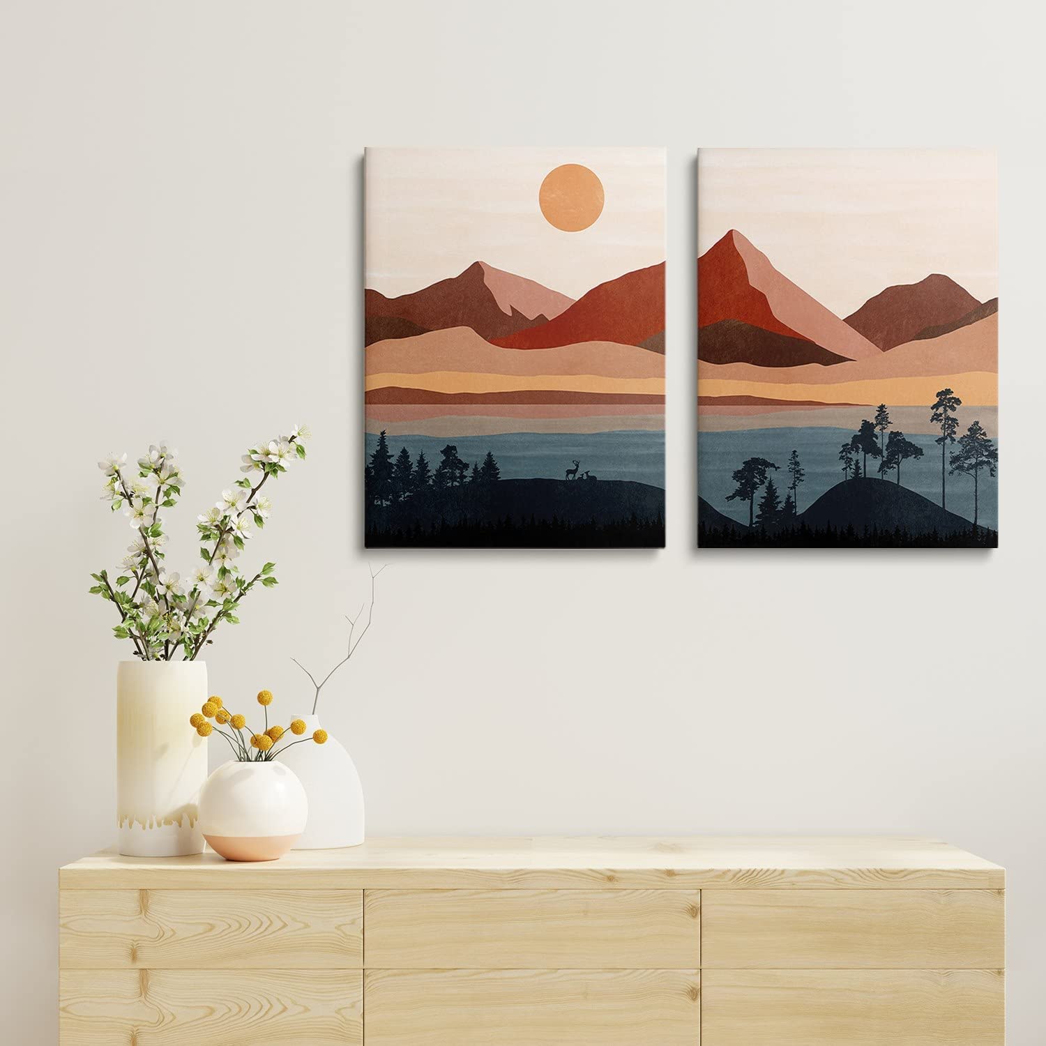 Boho Print Mid Century Minimalist Art Prints - Sunset Landscape Wall Art, Modern Abstract Canvas for Living Room, Bedroom & Kids Room Decor - Set of 2 Framed 20x28 inch - Perfect for Bohemian Home Decor & Gift Giving