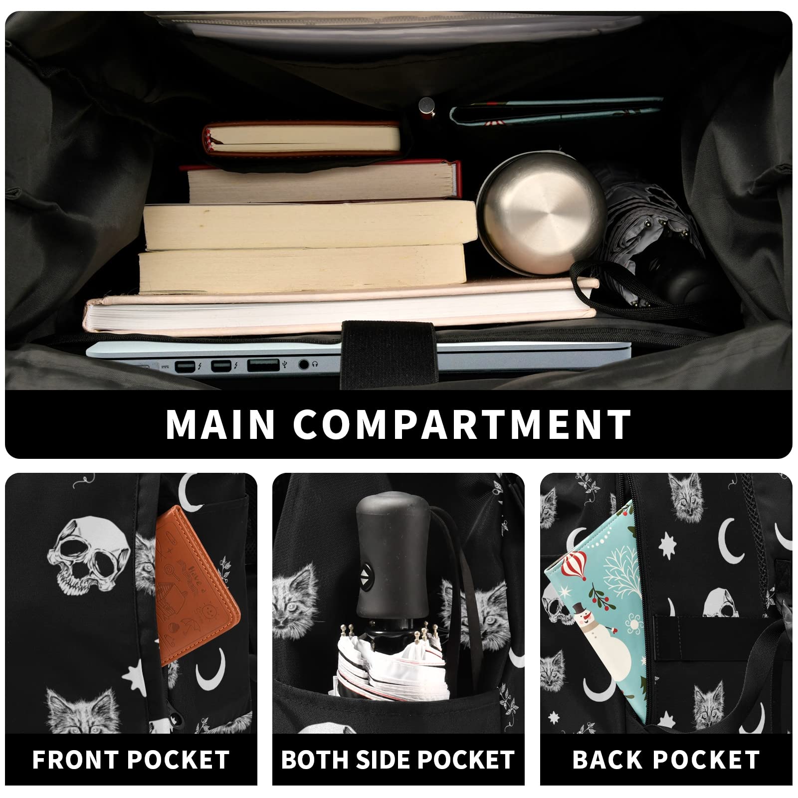 Expandable Waterproof Travel Backpack for Men - Trendy Roll Top Skull Cat Moon Design Laptop Backpack | Perfect for Commuting, Hiking & College Students