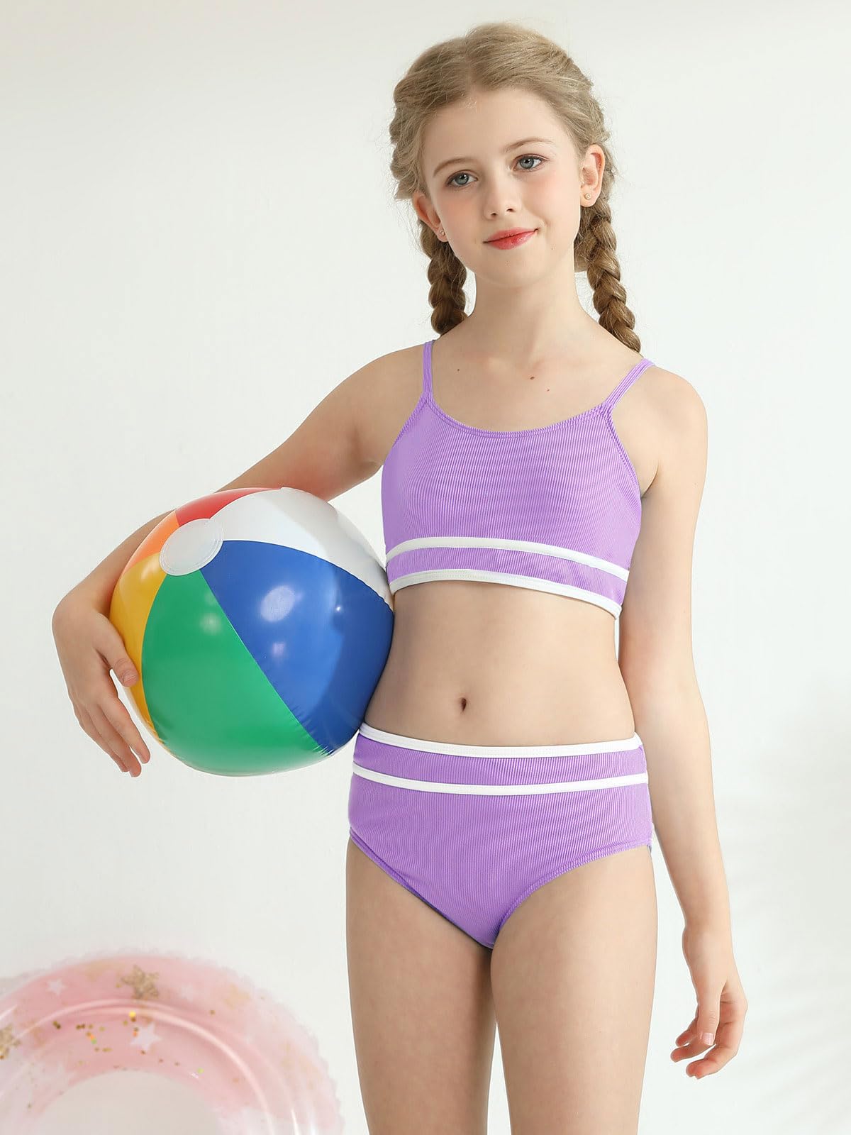 Girls 2 Piece Ribbed Bikini Set - Adjustable Strap Color Block Bathing Suit for Teens | Beachwear, Pool Party & Summer Vacation Swimwear