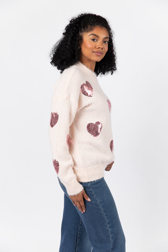 True Romance Blush Sequin Heart Sweater for Women - Valentine's Day Outfit, Date Night, Party Wear | Final Sale