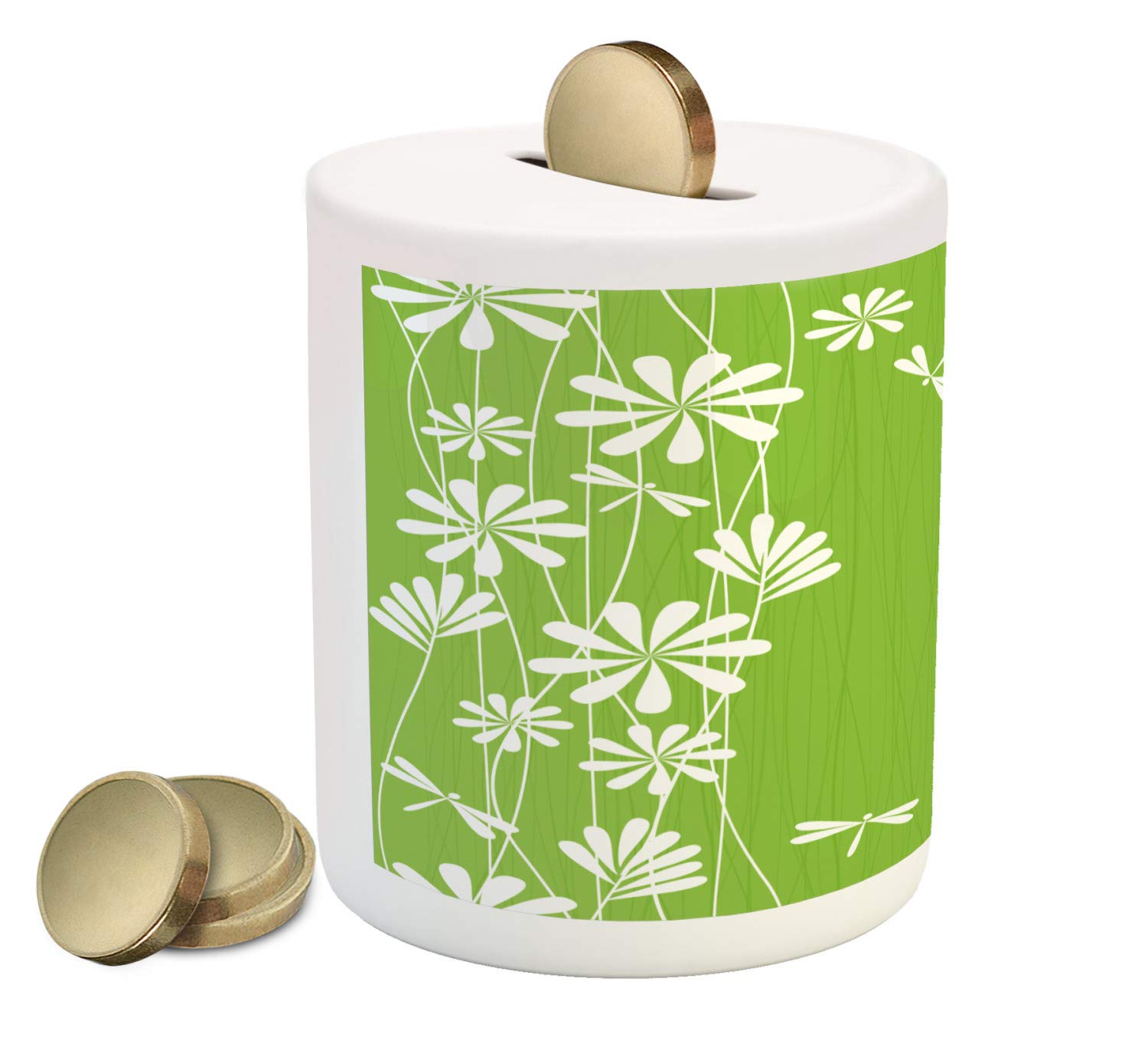 Ambesonne Dragonfly Ceramic Piggy Bank - Floral Spring Design for Kids, Nature-Inspired Money Box for Cash Saving (Lime Green & White) - Perfect for Birthday Gifts, Kids' Room Decor & Teaching Financial Responsibility