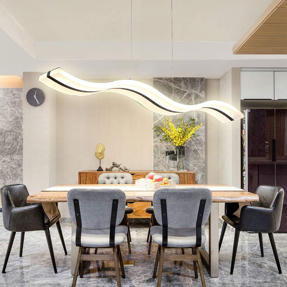 Modern Wave LED Pendant Light Fixture - Dimmable Acrylic Hanging Light with Remote Control for Kitchen Island, Dining Table & Living Room | Contemporary Home & Office Lighting Decor