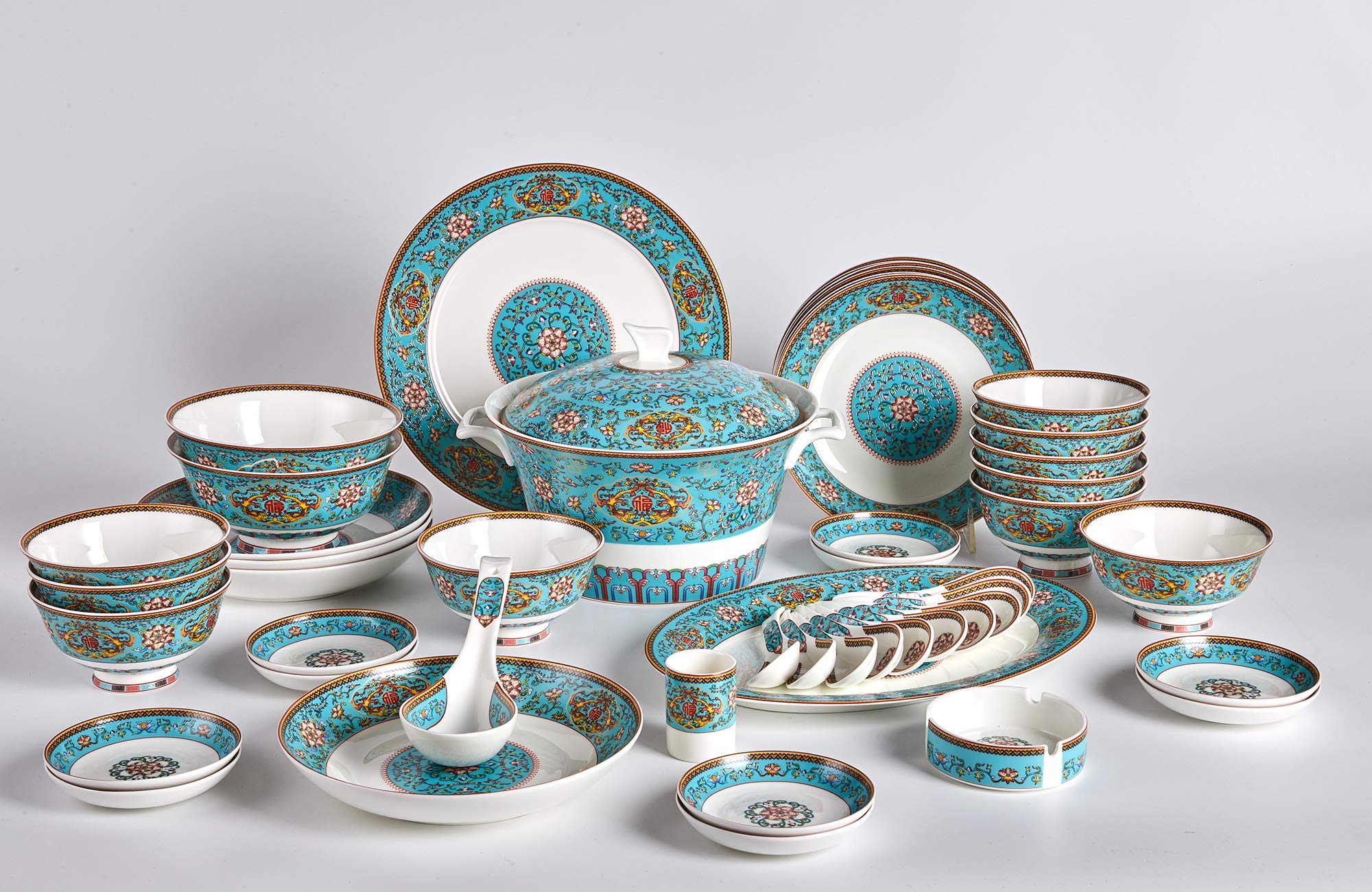 48-Piece Fine Bone China Banquet Dinnerware Set in Enamel Blue - Elegant Tableware for Formal Dinners, Weddings & Special Occasions