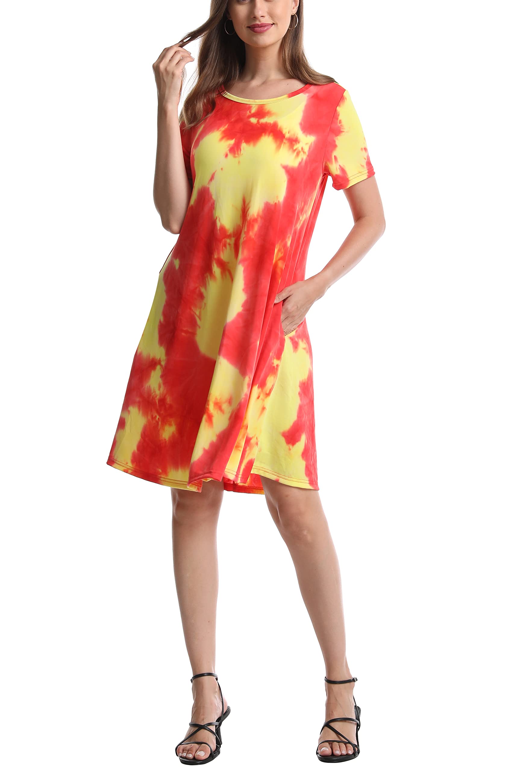 Women's Casual Short Sleeve Crewneck Swing T-Shirt Dress with Pockets - Comfortable Summer Dress for Outfits, Beach, Travel & Everyday Wear