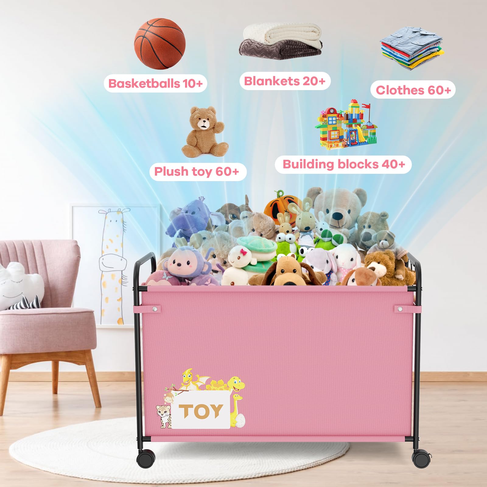 180L Extra Large Toy Storage Box with 360° Wheels - Durable Oxford Cloth & Metal Toy Chest for Kids, Stuffed Animals, Clothes Organizer - Perfect for Bedroom, Living Room, Nursery (Pink) - Ideal for Home Organization & Kids Playroom Storage