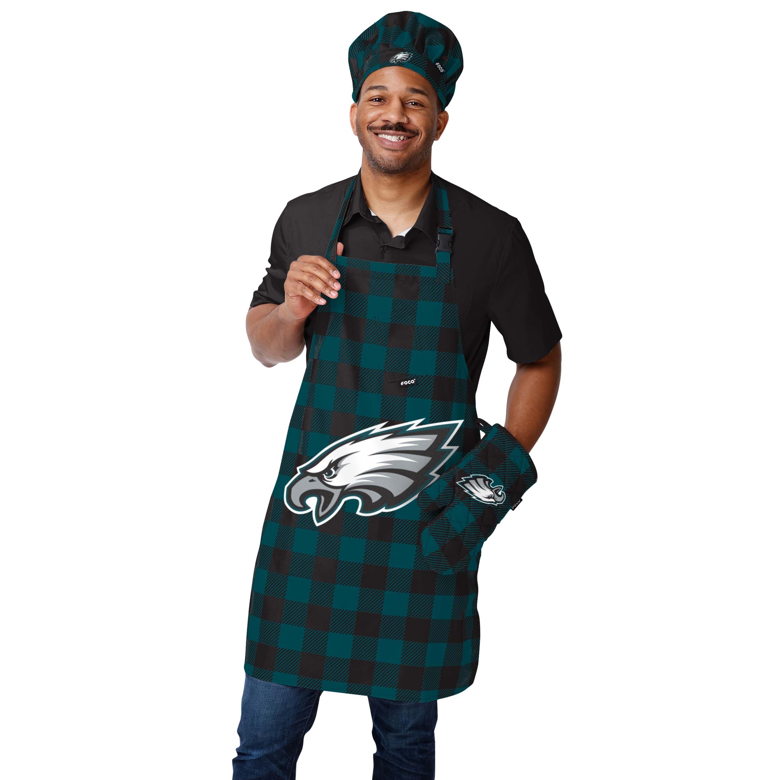 FOCO NFL Plaid Apron with Chef Hat & Oven Mitt 3-Piece Cooking Set - Perfect for Game Day Tailgating, BBQ Parties & Kitchen Gifts