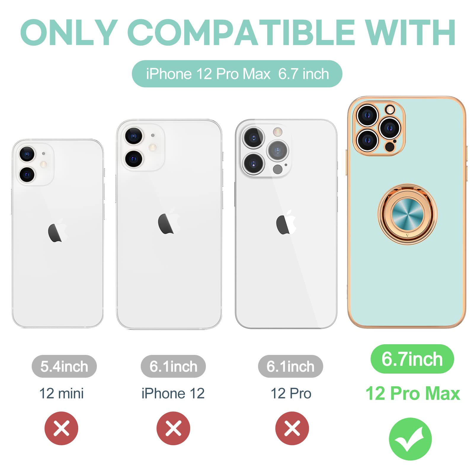 Hython Magnetic Phone Case for iPhone 12 Pro Max - 360° Rotatable Ring Stand with Kickstand, Shockproof Protective Cover with Soft Microfiber Lining & Rose Gold Edge - Perfect for Work, Travel and Hands-Free Viewing (Mint Green)