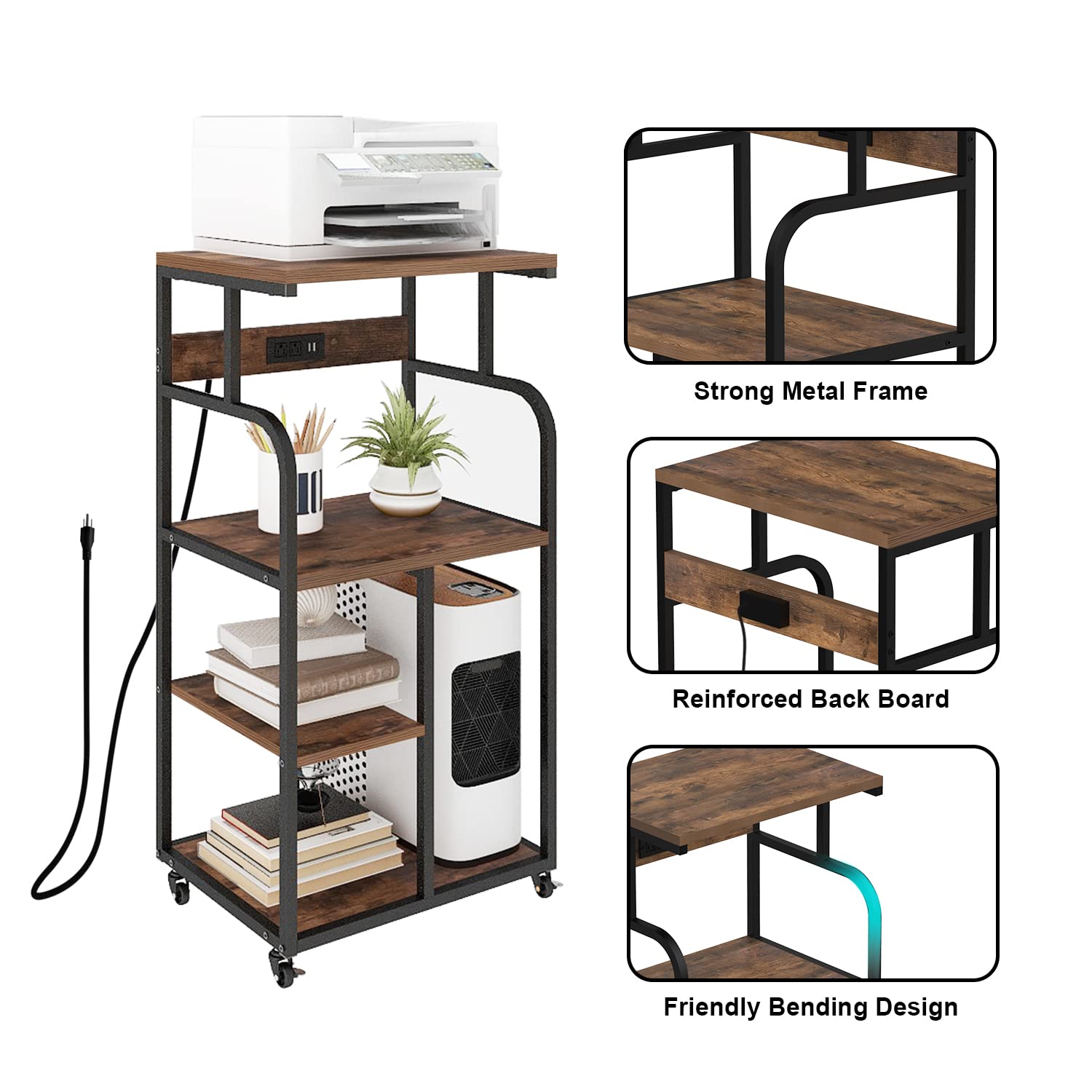 VEDECASA 3-Tier Rolling Printer Stand with Charging Station & USB Port - Adjustable Shelf, 21.2