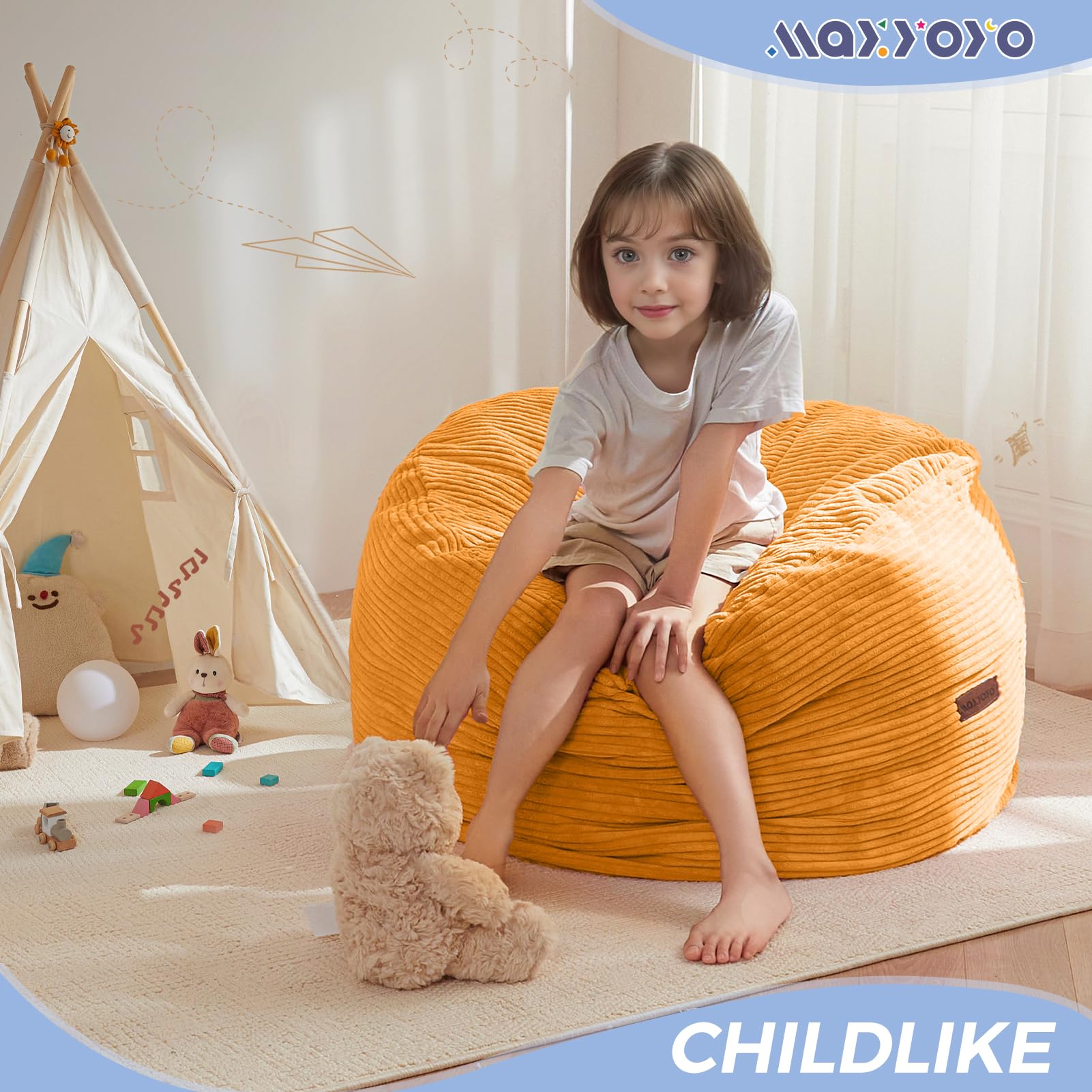 MAXYOYO Kids Corduroy Bean Bag Chair & Floor Mattress - Convertible 2-in-1 Furniture for Bedroom, Playroom & Dorm | Soft Orange Fabric for Reading, Gaming & Relaxation