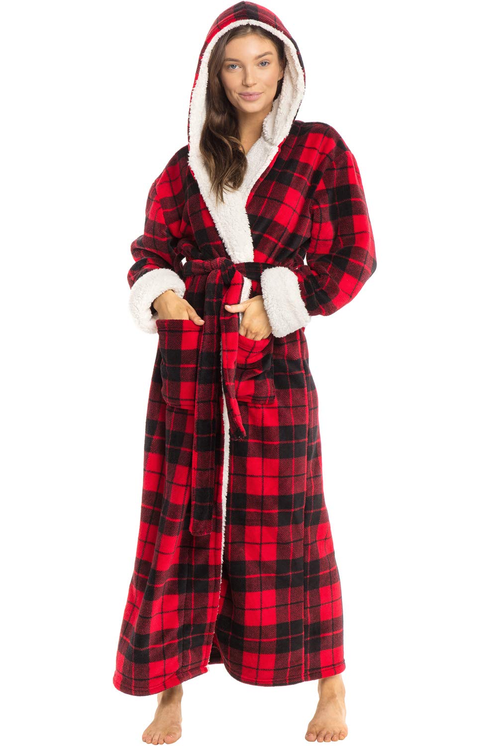 Alexander Del Rossa Women's Long Sherpa Robe - Soft Hooded Bathrobe for Winter, Plus Size Cozy Loungewear - Perfect for Spa Days, Relaxing at Home & Cold Weather Comfort