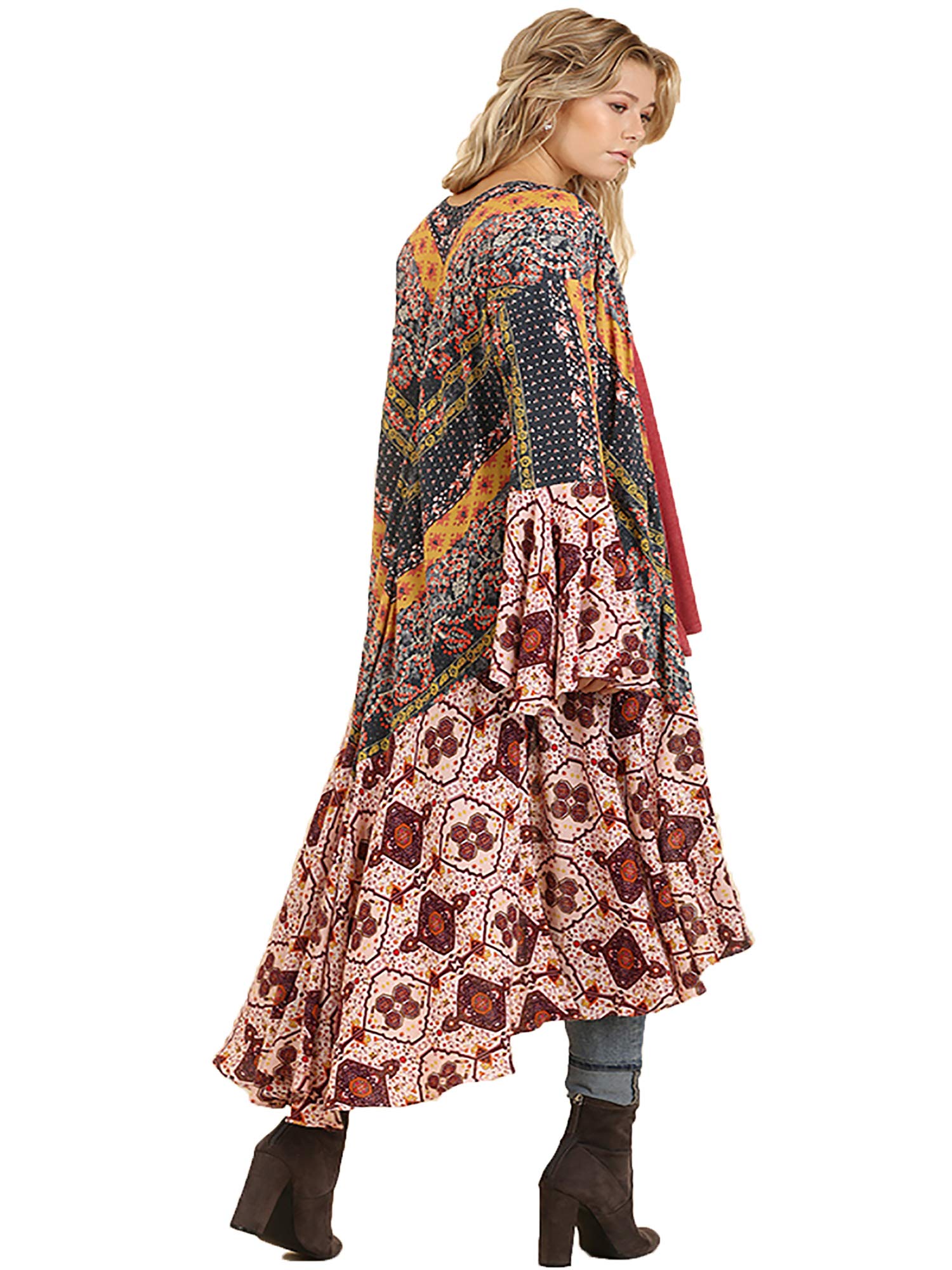 Umgee Women's Ruffled Long Kimono with Multicolored Print - Boho Chic Cover Up for Beach, Pool, or Summer Outfits