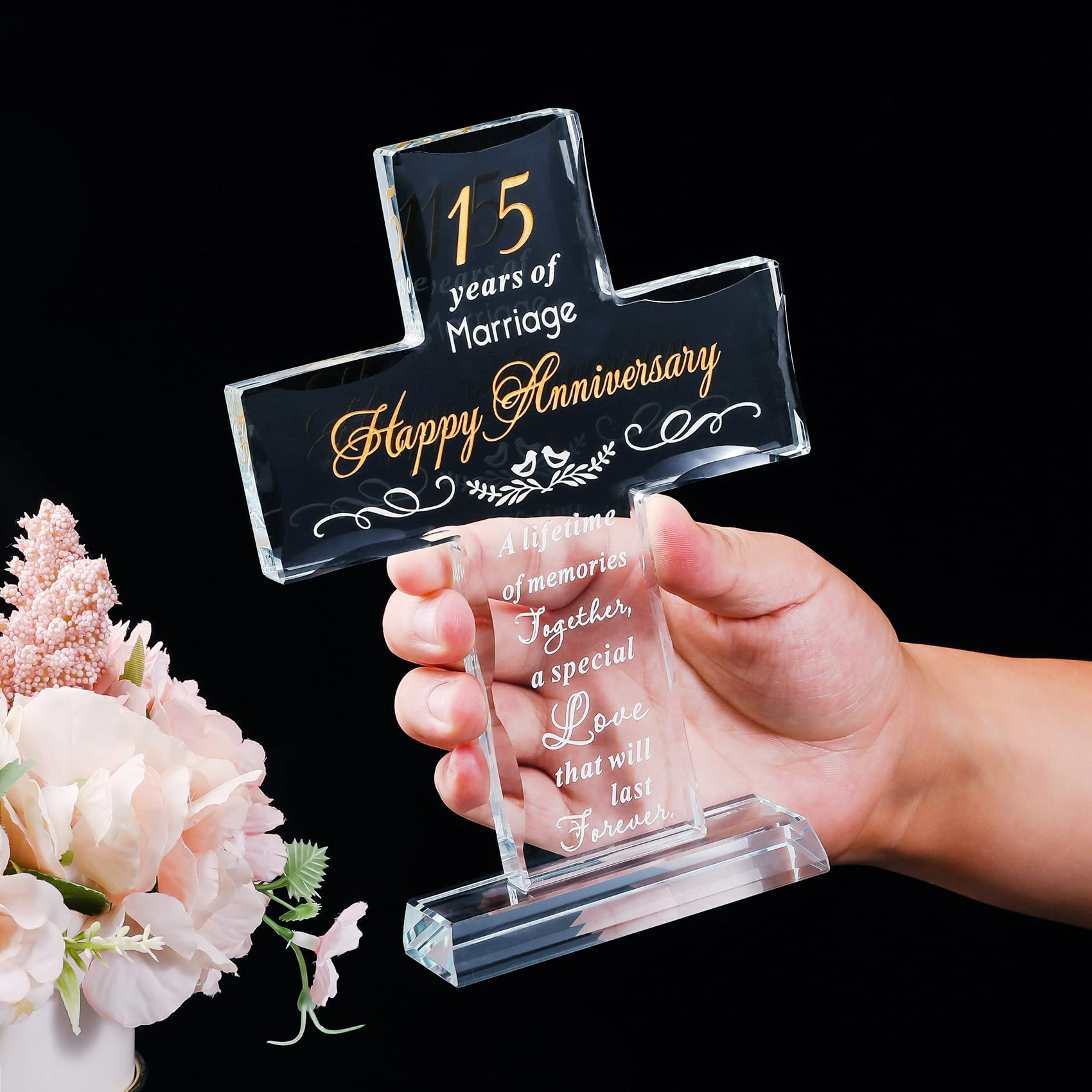 15th Anniversary Glass Cross Gift for Couples - Romantic Wedding Anniversary Present for Him & Her - 15 Years Marriage Keepsake - Perfect for Christian Celebrations, Vow Renewals & Milestone Gifts