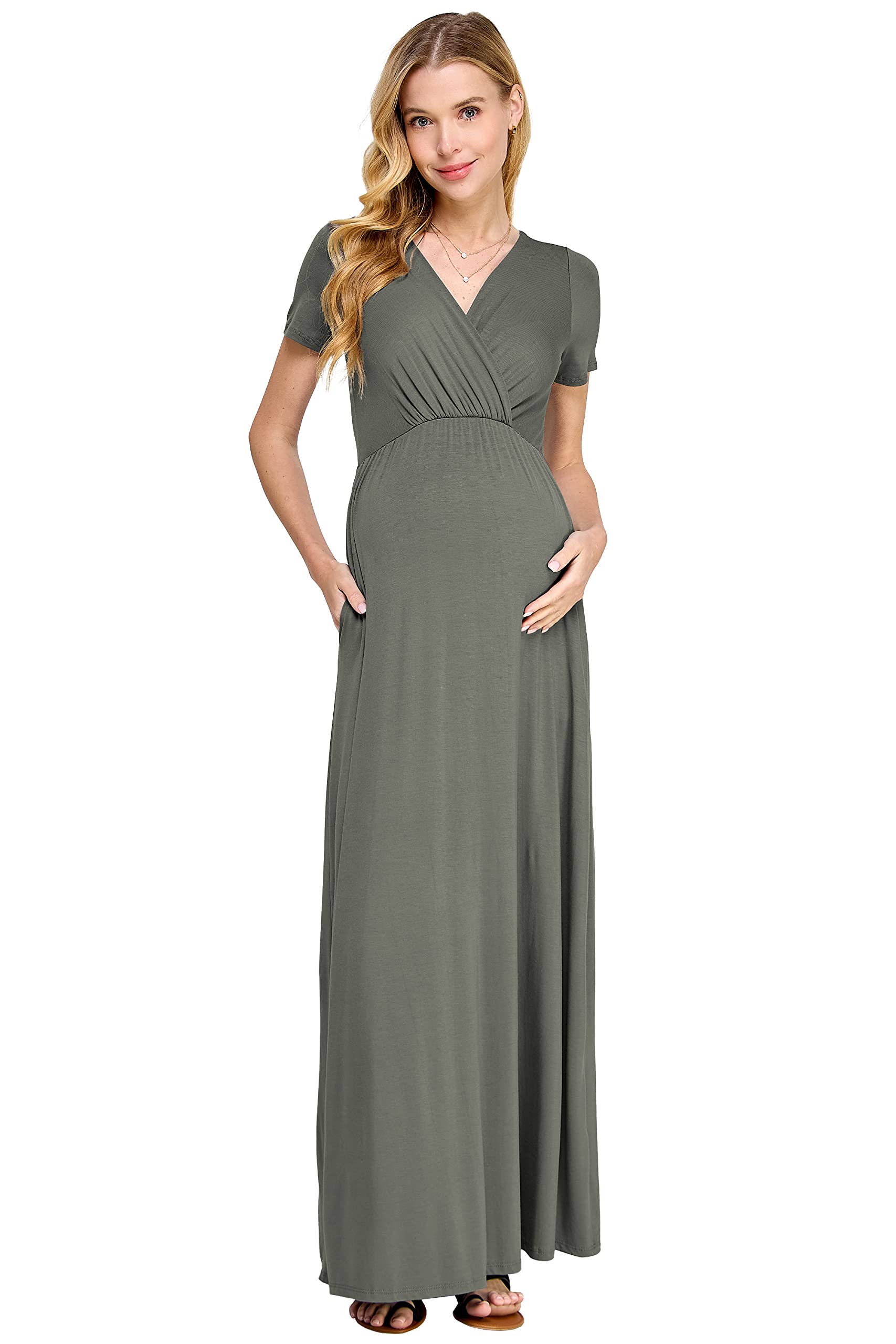 LaClef Women's Maternity Maxi Dress with Side Pockets - Flowy Pregnancy Dress for Baby Shower, Maternity Photoshoot, Beach Vacation & Everyday Comfort