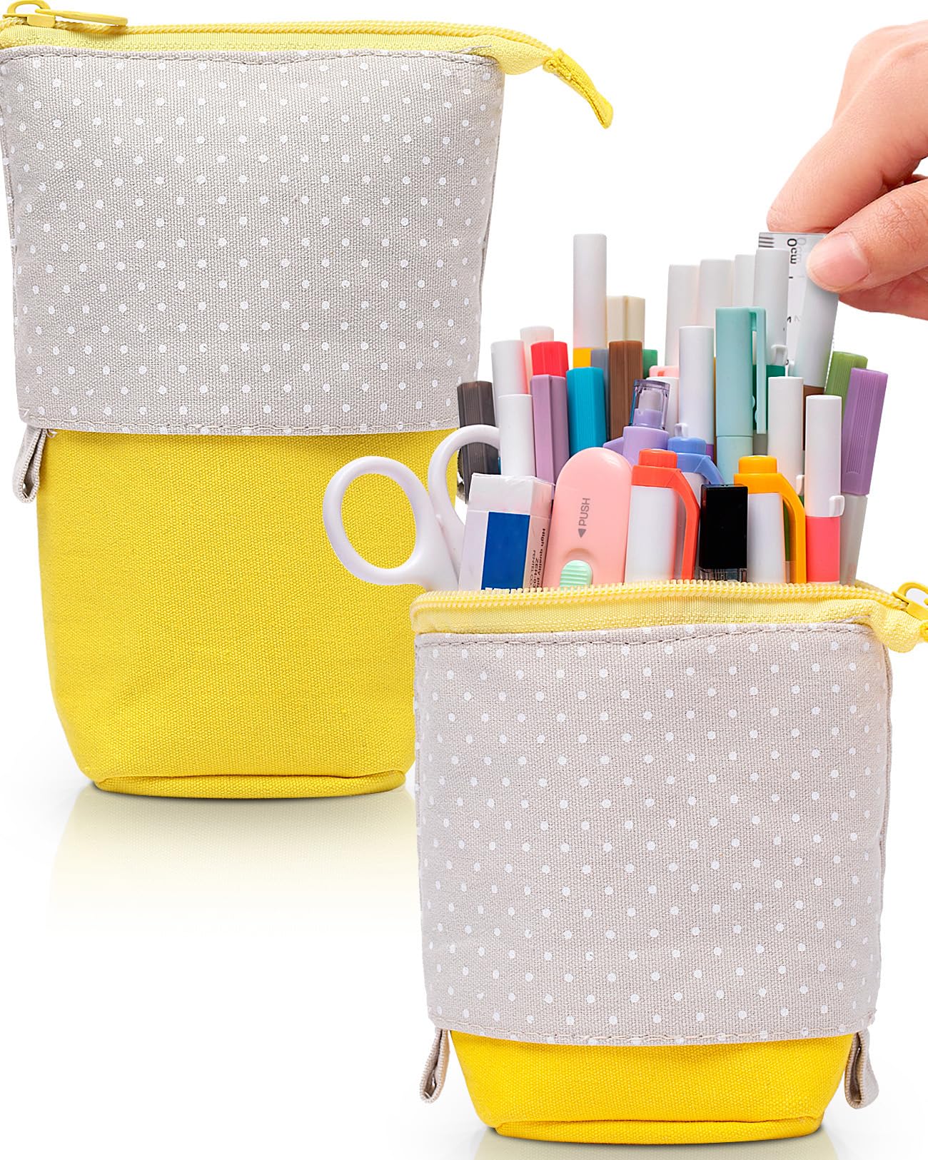 Sooez Telescopic Stand Up Pencil Case - Cute Portable Kawaii Pencil Pouch Holder for School & Office Supplies - Spacious Yellow Pen Organizer (Perfect for Desks, Backpacks & Gift Giving)
