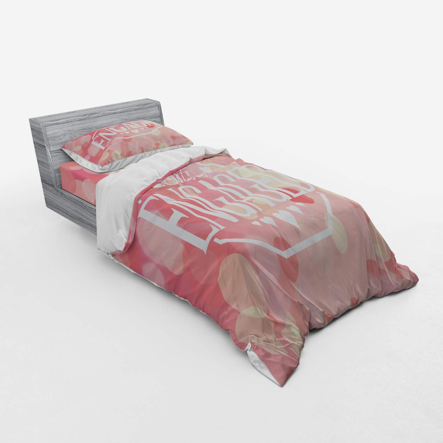 Ambesonne Engagement Party Bedding Set - 3 Piece Duvet Cover with Sham & Fitted Sheet, Twin XL Size, Salmon Pink & White, Abstract Circles Art Print - Perfect for Engagement Celebrations, Bridal Showers & Guest Room Decor