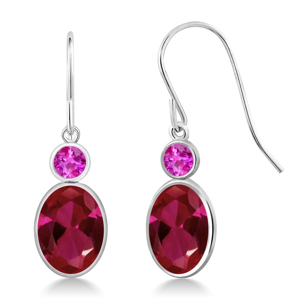 3.36 Ct Oval Red Created Ruby & Pink Sapphire 14K White Gold Fish Hook Dangle Earrings for Women - Elegant French Wire Design Perfect for Weddings, Parties & Special Occasions
