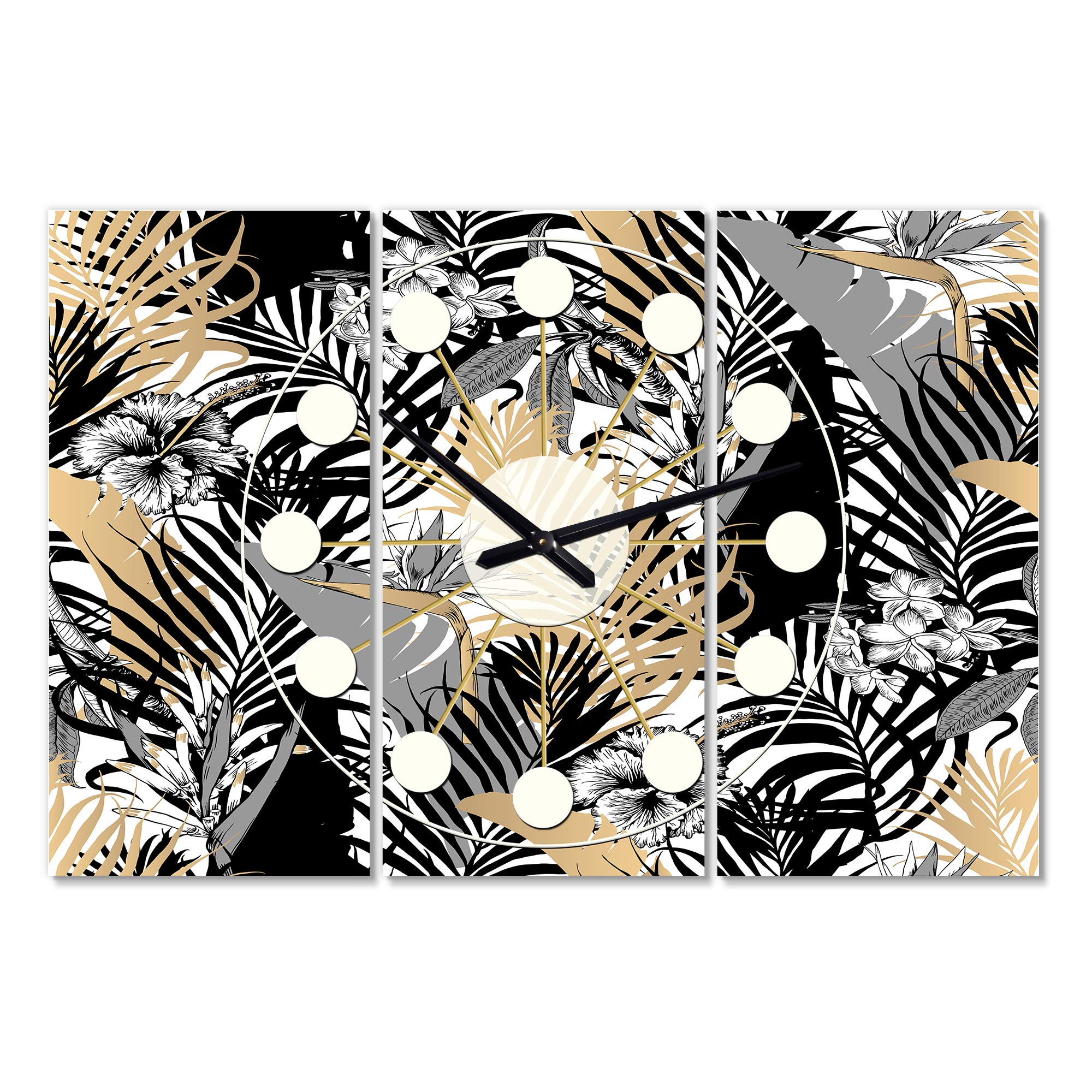 Designart Golden Foliage II Mid-Century Modern 3 Panel Wall Clock - Metal Wall Art Decor for Living Room, Bedroom, Office - Perfect for Home & Workspace Décor