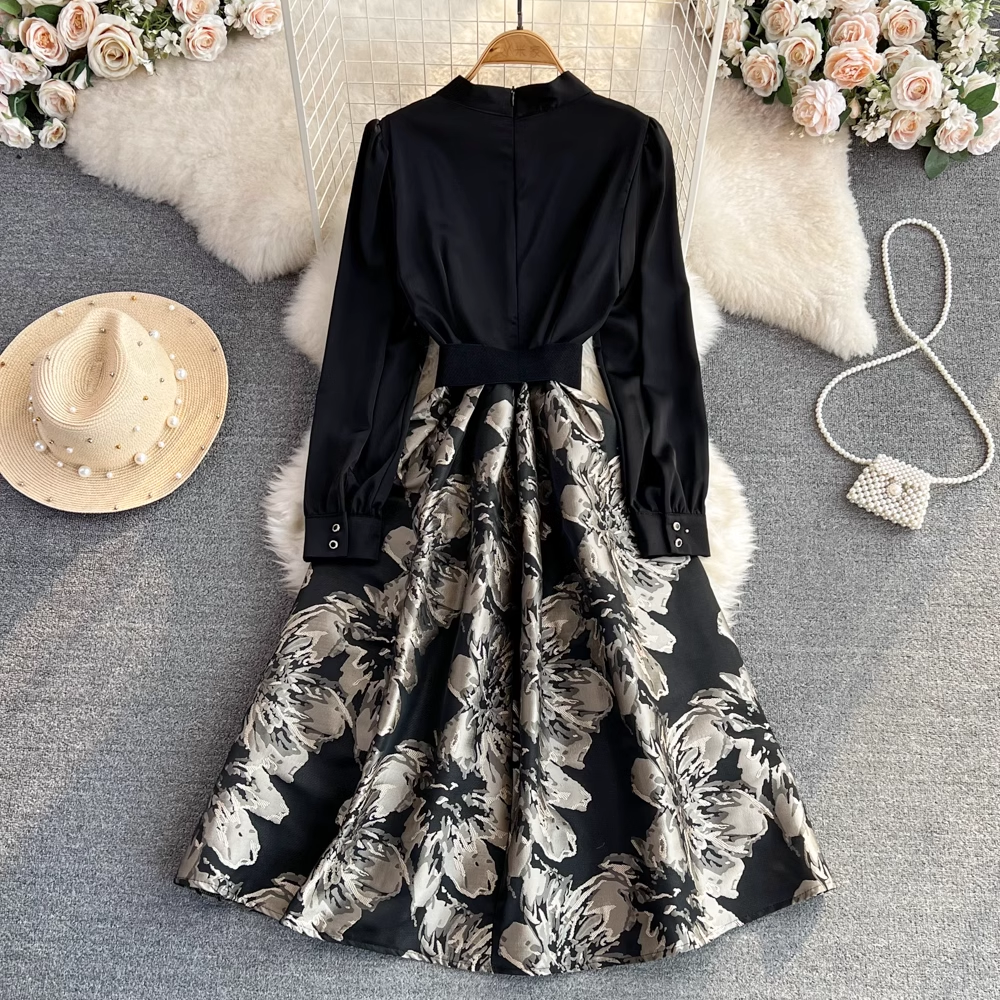 Elegant Long Sleeve V-Neck Printed A-Line Dress for Women | Spring & Autumn Fashion | Perfect for Office, Party & Casual Wear