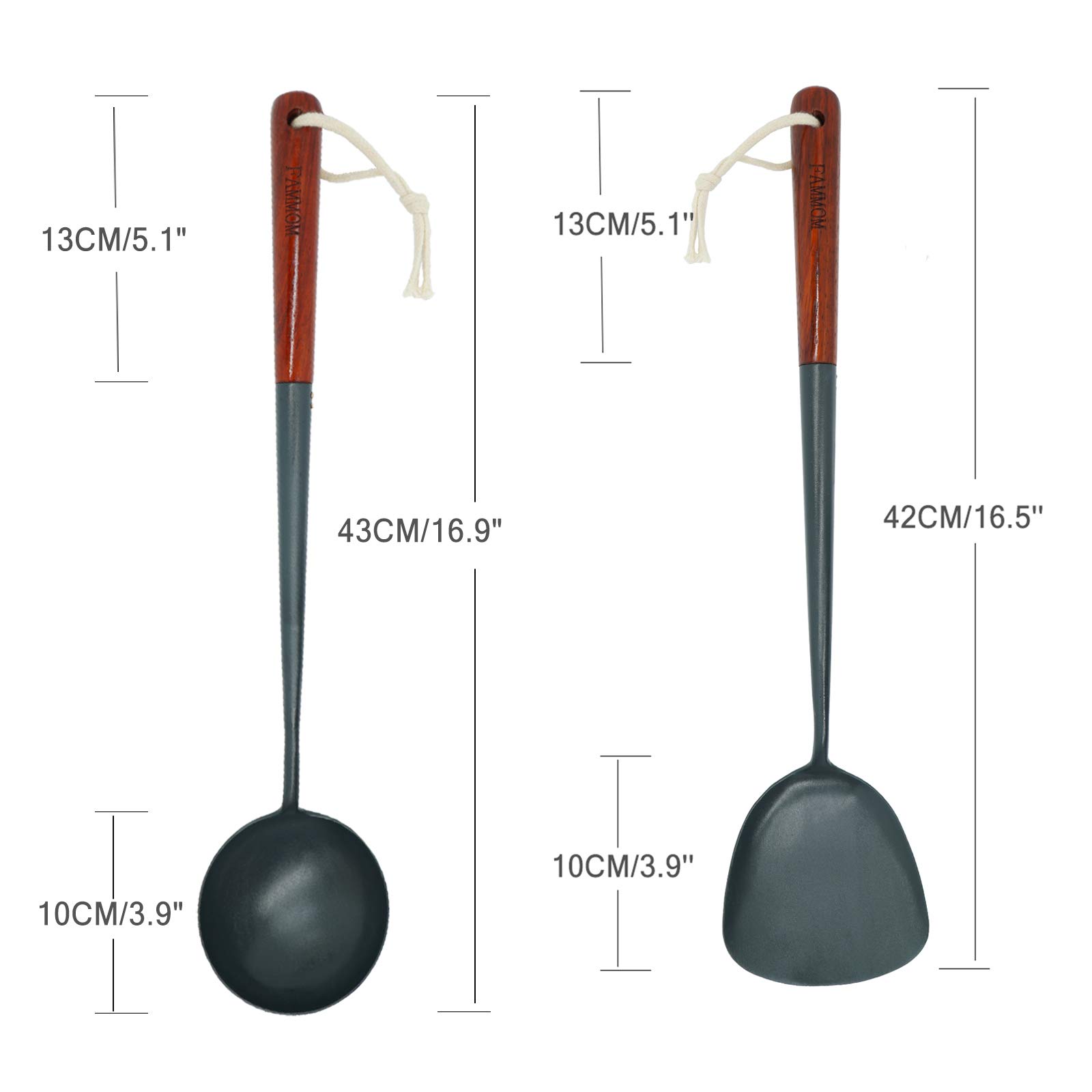 Traditional Hand Hammered Iron Wok Spatula with Long Rosewood Handle - Thickened Stir-Fry Turner, Anti-Scalding Spatula & Ladle for Asian Cooking - Perfect for Stir-Frying, Flipping, and Serving in Professional Kitchens & Home Cooking