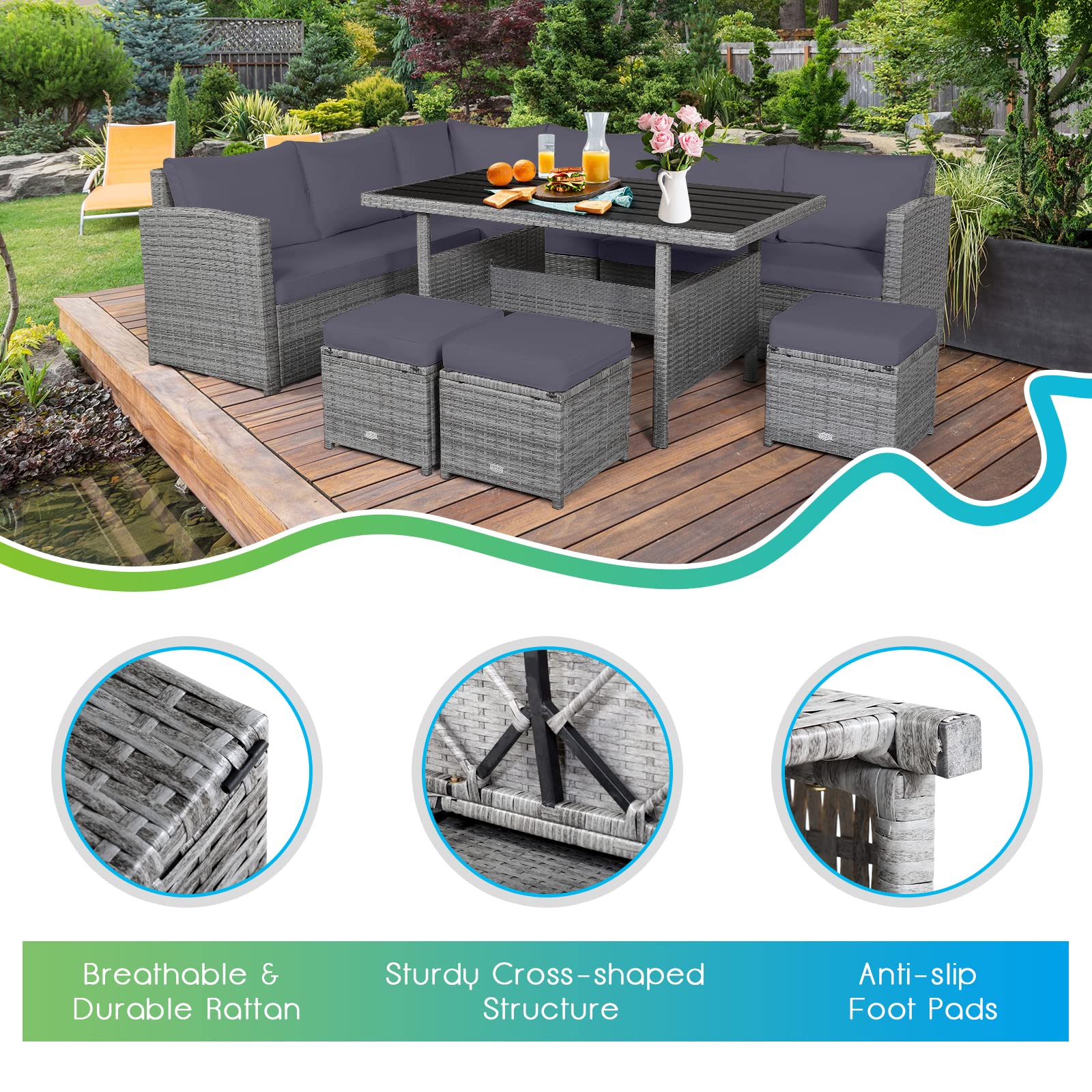 RELAX4LIFE 7-Piece Wicker Patio Furniture Set - Outdoor Rattan Sofa with Dining Table & Ottomans, Gray Sectional Conversation Set with Soft Cushions for Backyard, Garden, Poolside, Balcony | Perfect for Outdoor Entertaining & Relaxation