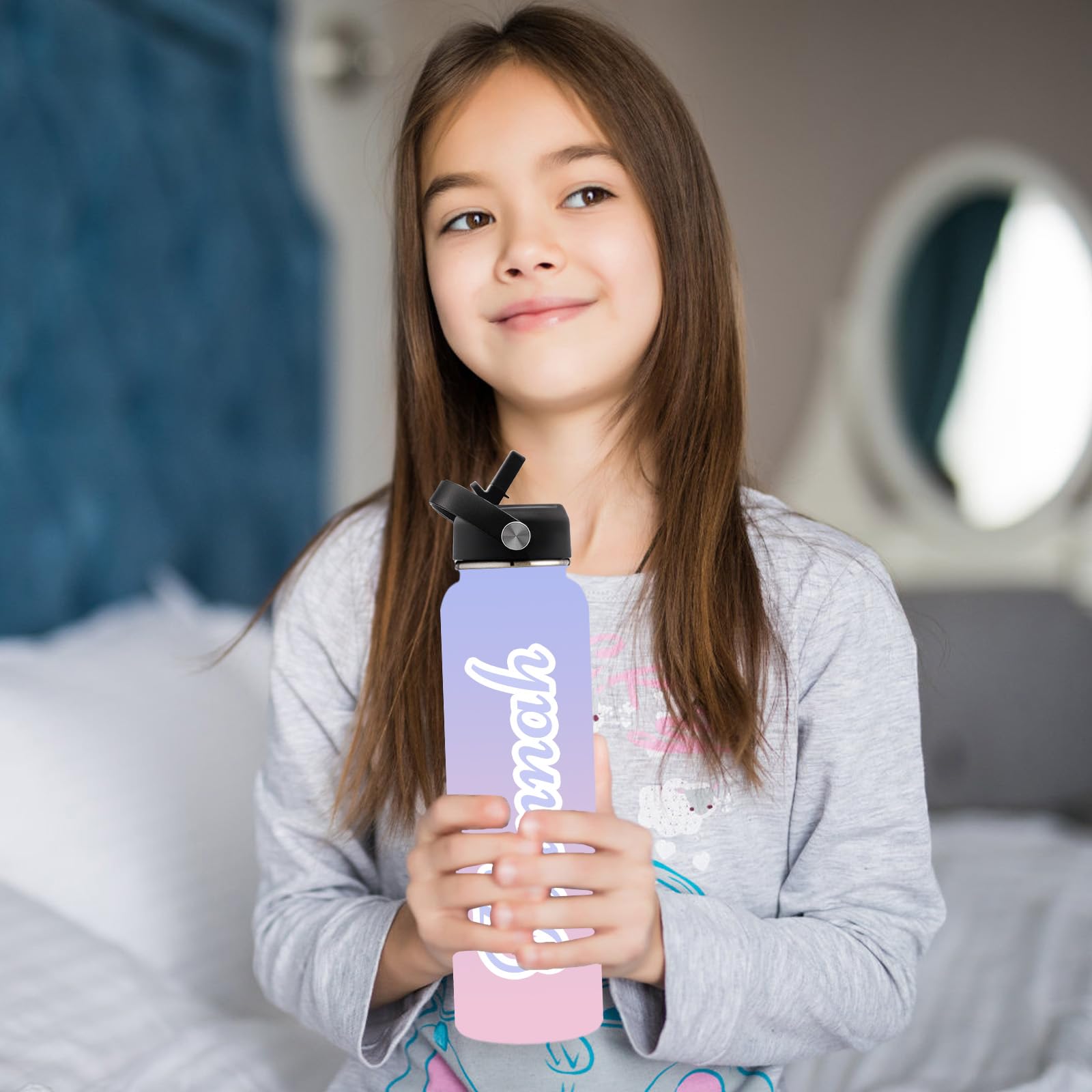 Personalized 18oz Stainless Steel Water Bottle with Straw - Custom Name Insulated Water Bottle for Kids, Girls & Boys - Perfect for School, Sports, Gym & Outdoor Activities