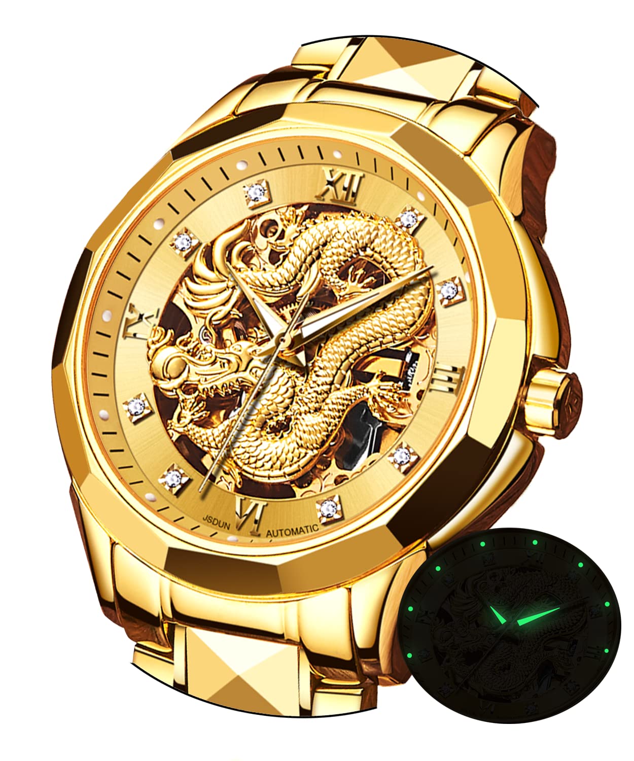Luxury Gold Automatic Skeleton Dragon Watch for Men - Tungsten Steel Mechanical Dress Watch with Luminous Hands, 5ATM Waterproof & Diamond Accents - Perfect for Business, Formal Events & Gifting