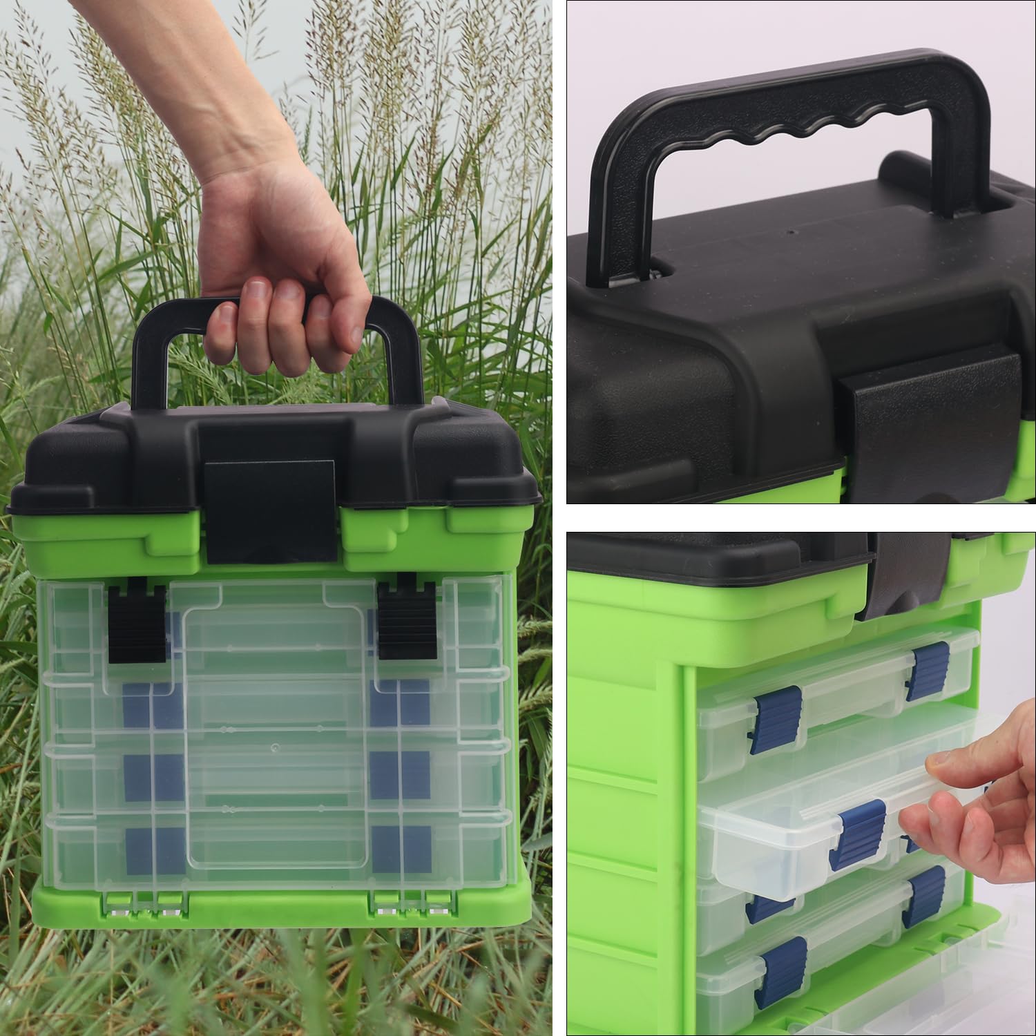 **KUKLIPJIM 4-Layer Fishing Tackle Box with Quick-Access Lid – Durable Storage for Fishing Gear, Hooks, Lures & Accessories (Green) – Perfect for Freshwater & Saltwater Fishing Trips**