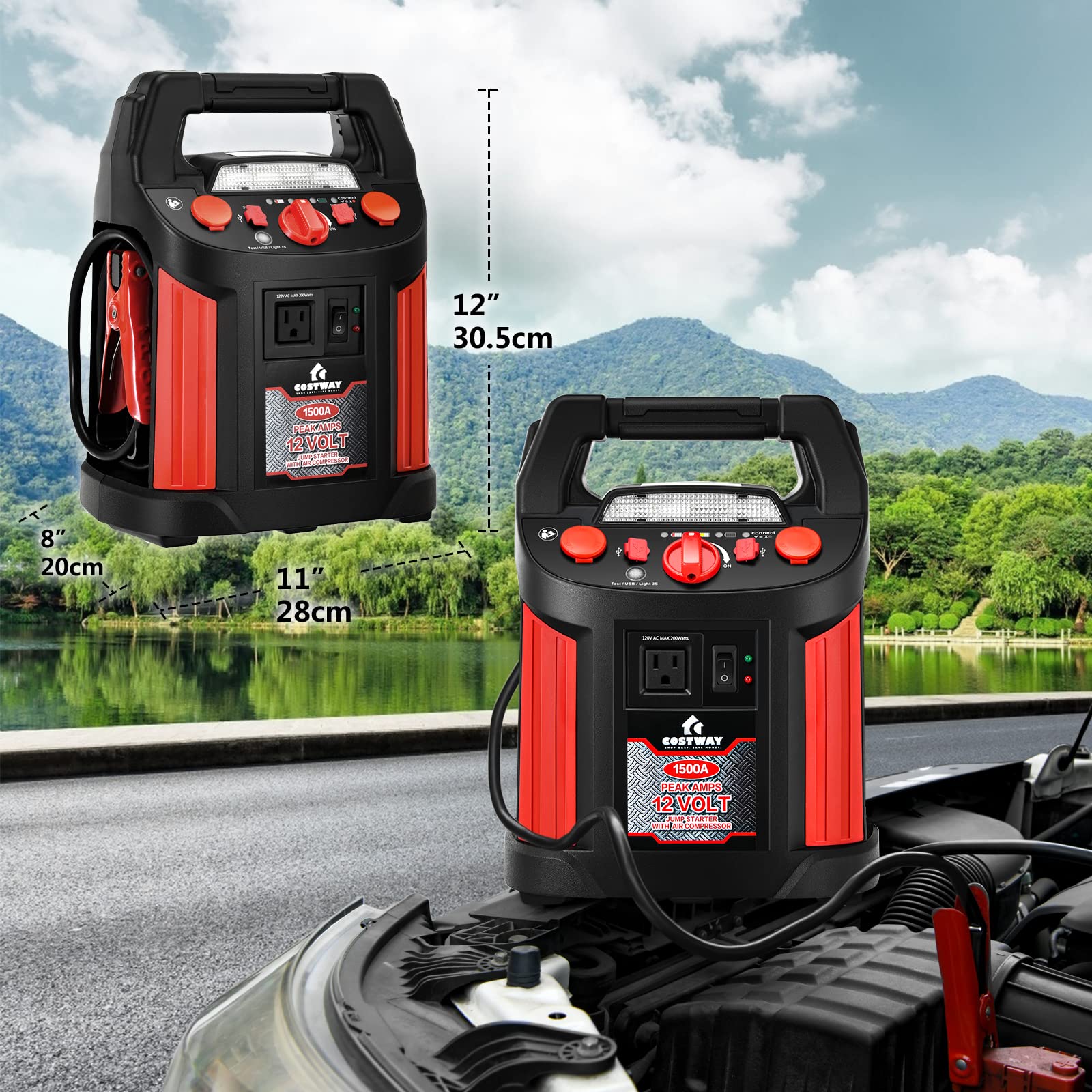 Goplus 1500A Peak 700A Instant Car Jump Starter with 180PSI Air Compressor, Portable Power Bank, 2 USB Ports, Smart Clamps & LED Flashlight - Emergency Vehicle Battery Booster & Tire Inflator for Roadside Assistance