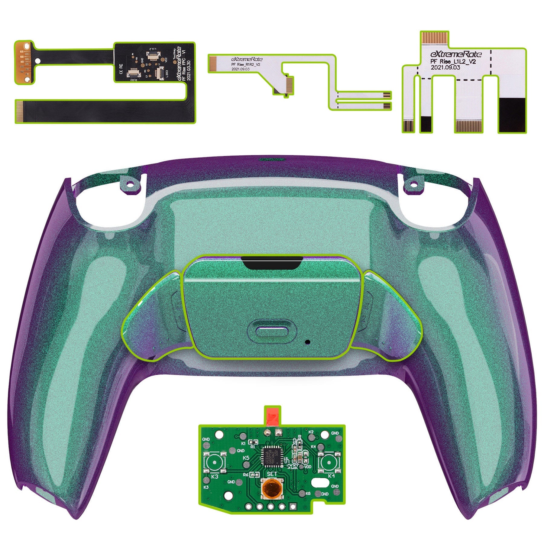 eXtremeRate Remappable Rise 2.0 Remap Kit for PS5 Controller BDM-010 & BDM-020 - Chameleon Green & Purple | Customizable Back Buttons for Gaming, FPS, and Competitive Play