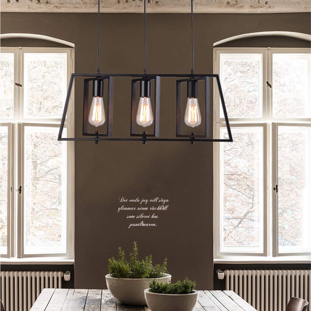 LITFAD Black Trapezoid Kitchen Island Chandelier - 3-Light Industrial Pendant Lighting, Modern Ceiling Hanging Fixture for Dining Table, Living Room & Restaurant | Perfect for Farmhouse, Loft & Industrial Decor