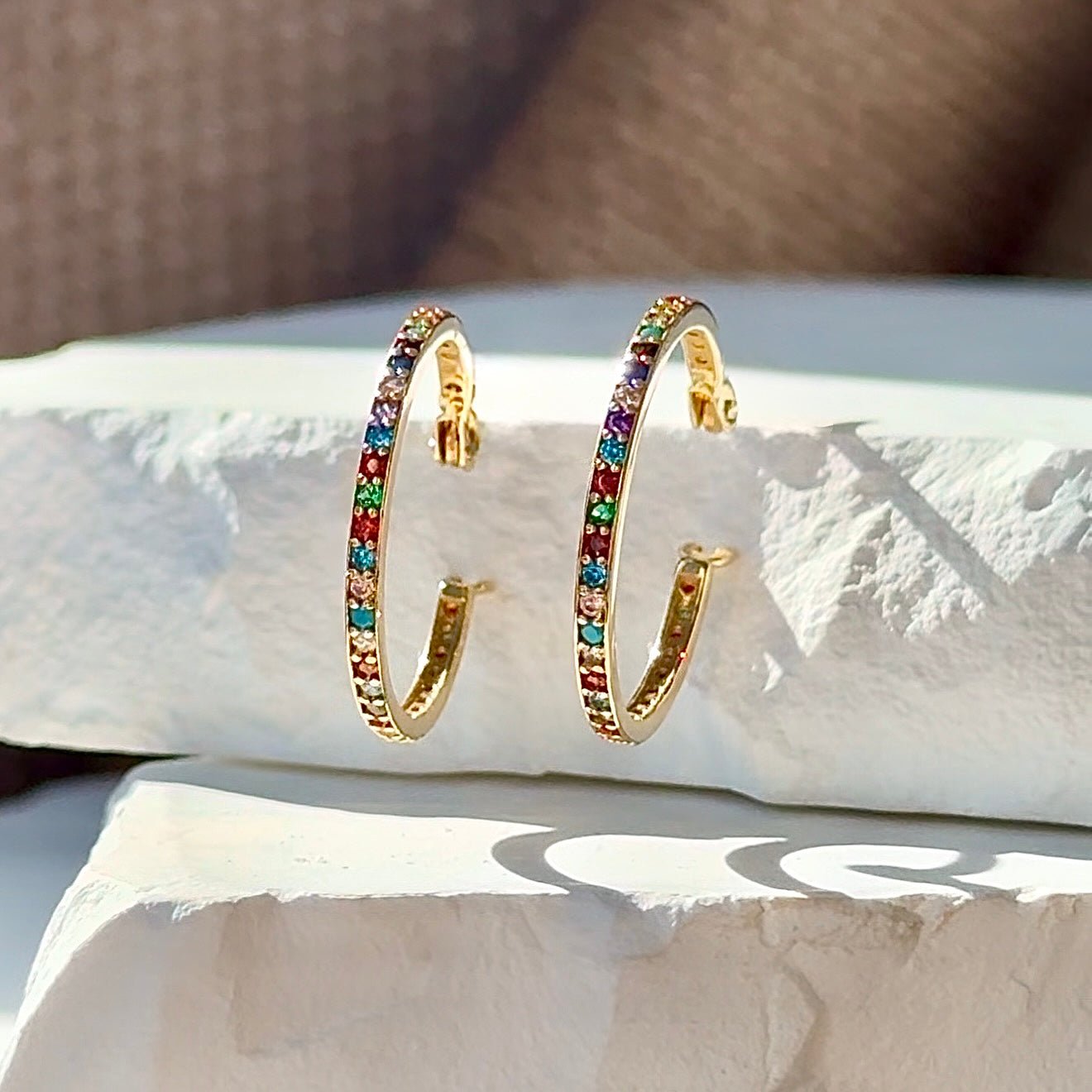 14K Yellow Gold Rainbow Pavé Studded Hoop Earrings - Dainty & Elegant Jewelry for Women - Perfect for Parties, Weddings & Everyday Wear