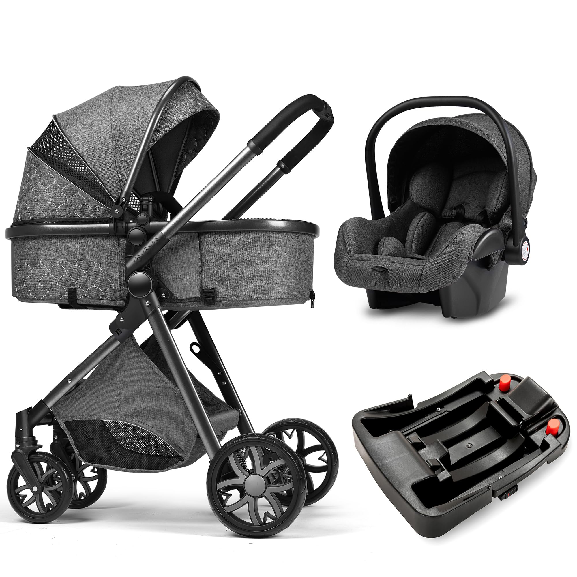 3-in-1 Convertible Baby Stroller with Bassinet & Toddler Seat - Lightweight Foldable Travel Stroller for Newborn to Toddler - Adjustable Reversible Seat & Canopy (Dark Gray) - Perfect for Shopping, Travel & Daily Walks