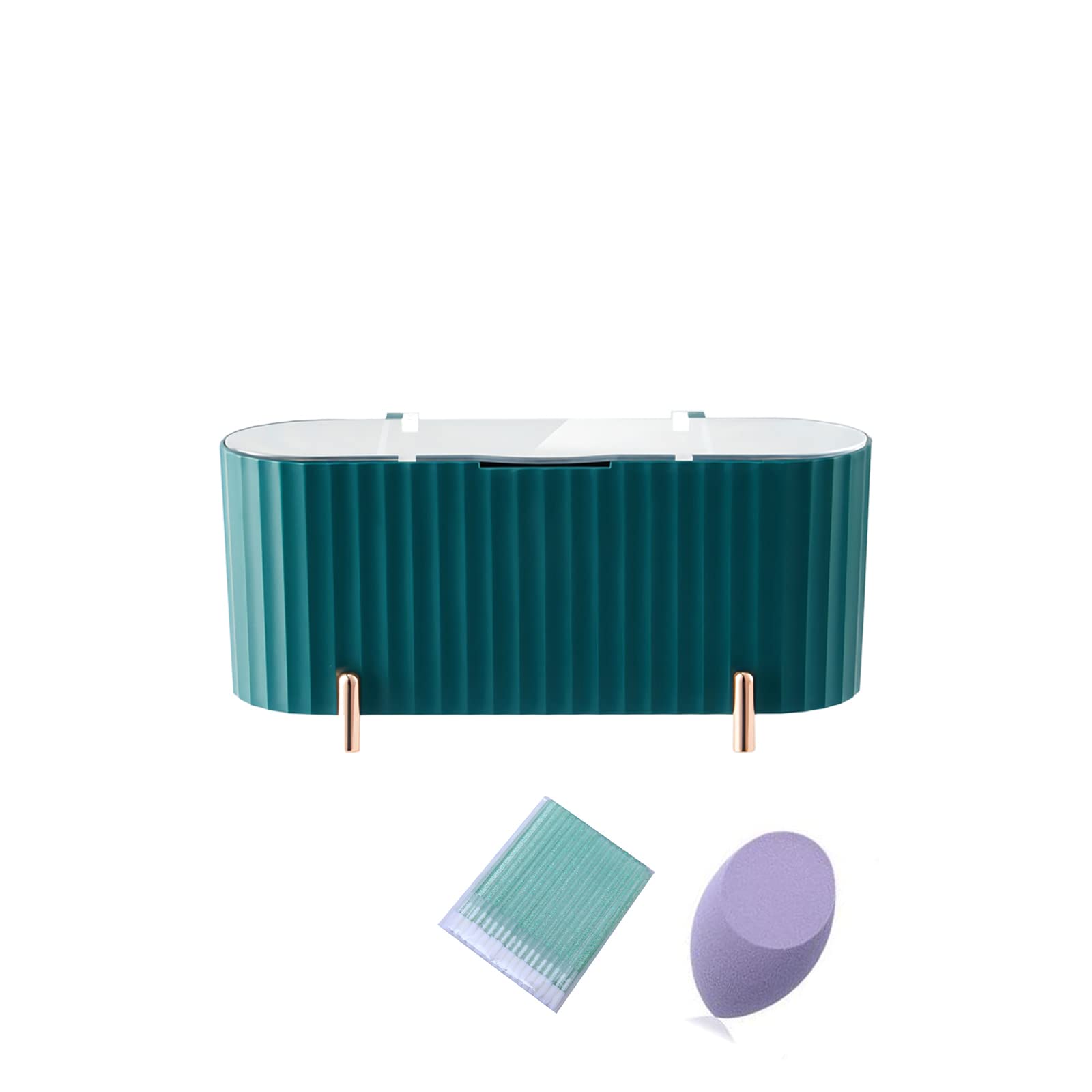 Q-Tip Holder Dispenser & Makeup Organizer with 50 Lip Brushes - Vanity Storage Box for Cotton Swabs, Makeup Sponges & Beauty Tools (Green) - Perfect for Bathroom Countertops, Dressing Tables & Salon Organization