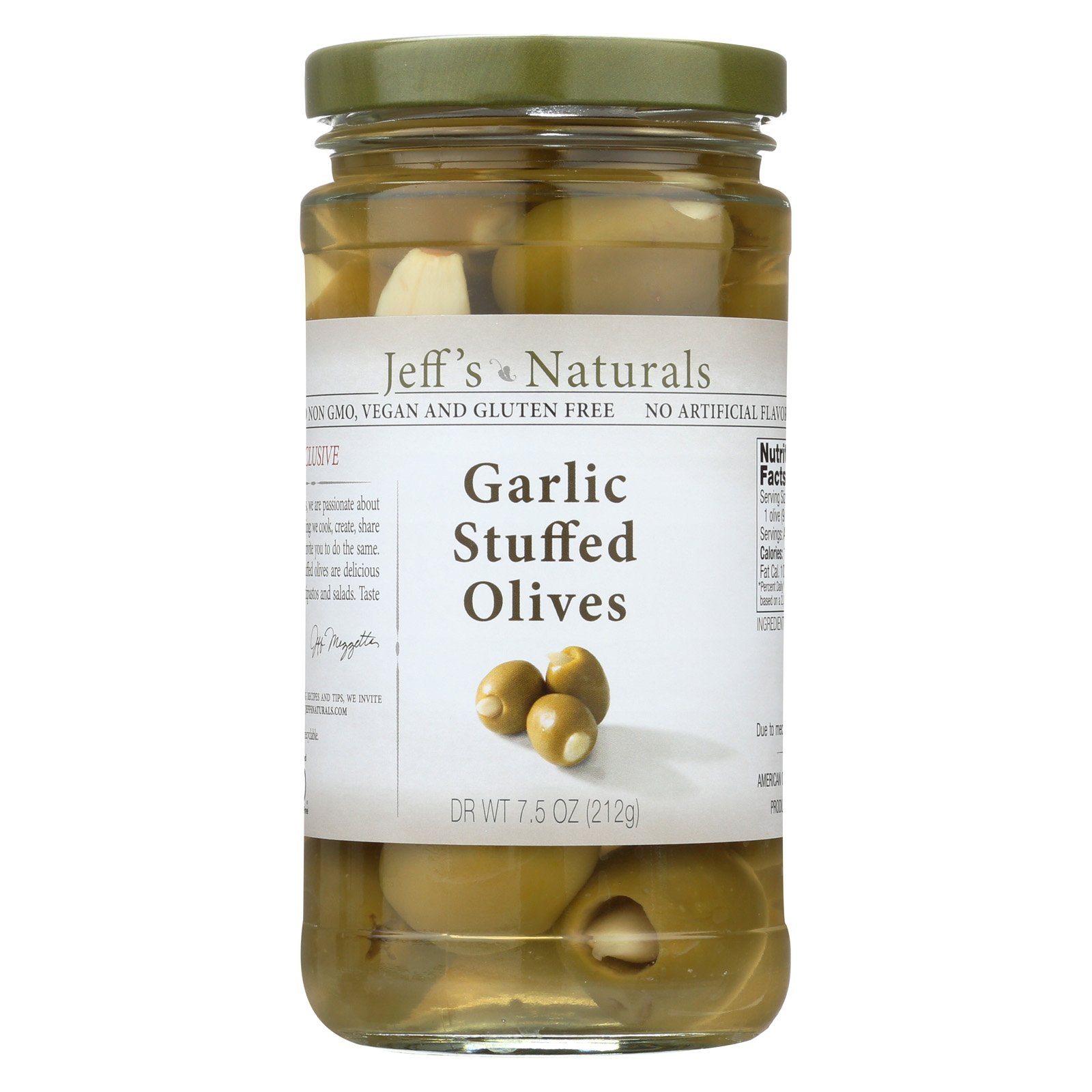 Jeff's Natural Garlic Stuffed Olives - Premium Gourmet Stuffed Olives (Case of 6, 7.5 oz Jars) - Perfect for Charcuterie Boards, Cocktail Garnish & Mediterranean Cooking