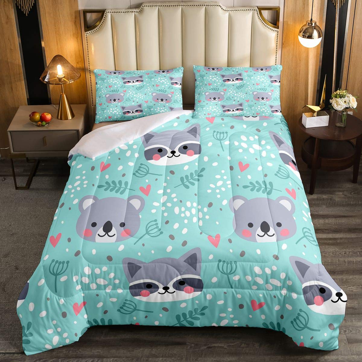 Cartoon Fox Print Comforter Set - Animal Theme Bedding for Kids Boys & Girls - Soft Microfiber Duvet Cover Full Size - Green Nature Inspired Room Decor - Perfect for Nursery, Bedroom & Sleepovers