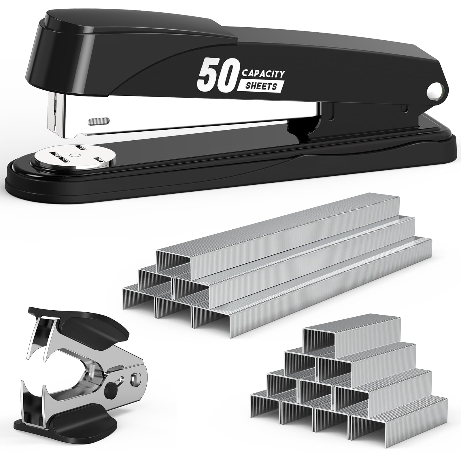Heavy Duty Metal Stapler - 50 Sheet Capacity with 1750 Staples & Staple Remover - No Jam Office Desk Stapler for Office, School, Classroom & Home Use - Non-Slip Design - Includes Full Strip Staples - Black