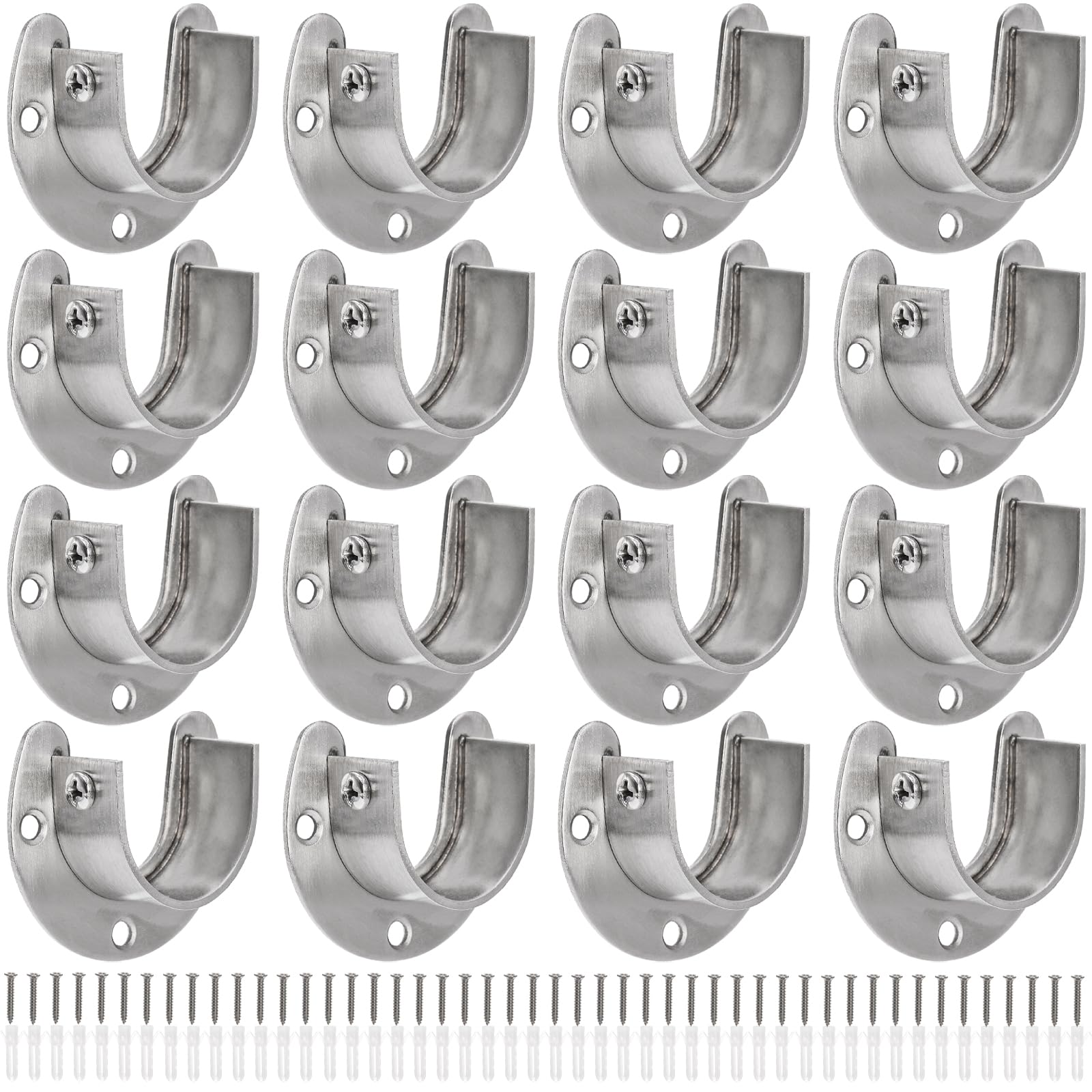 16 Pack Stainless Steel Closet Pole Sockets - 1-1/4 Inch U-Shaped Rod Support Brackets for Closet Rods & Curtain Rods with Screws Included - Perfect for Wardrobe Organization & Window Treatment Installation