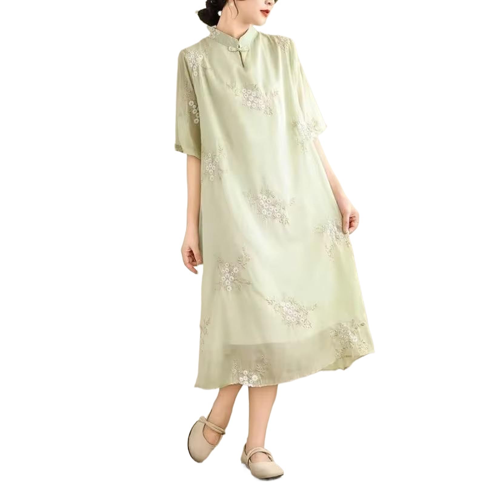 JYHBHMZG Women's Embroidered Linen Summer Dress - Chinese Style Stand Collar Long Sleeve Ethnic Maxi Dress for Casual Wear, Vacation & Cultural Events