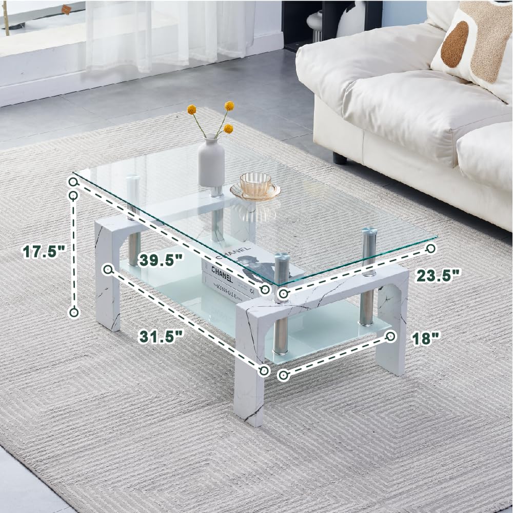 Modern Rectangle Coffee Table with Wooden Legs & Glass Top - Marble Finish Living Room Side Table with Lower Shelf - Perfect for Lounge, Waiting Room & Office Spaces