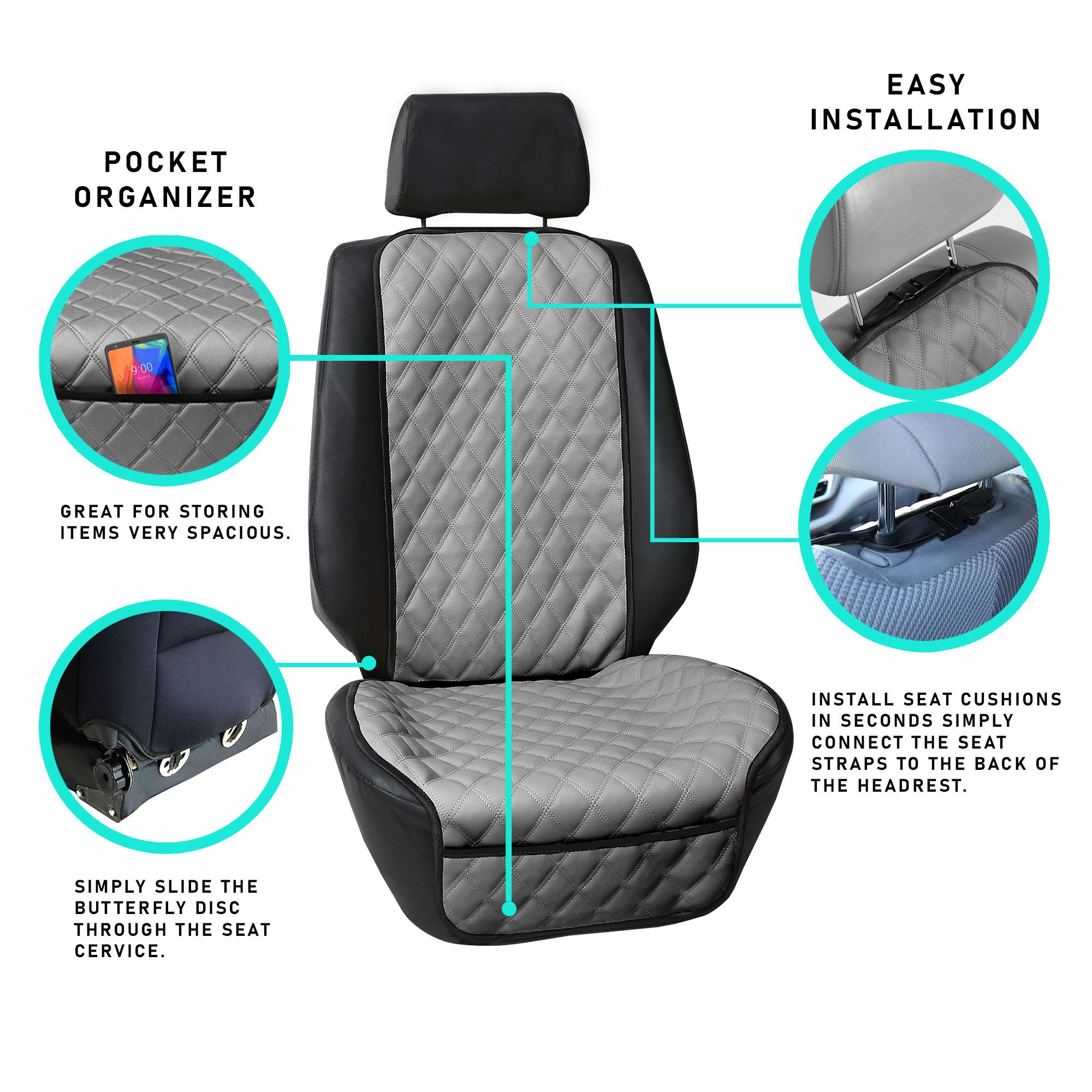 Premium FH Group Car Seat Cushion - Faux Leather Automotive Seat Cover with Front Pockets | Universal Fit for SUV, Sedan, Van | Airbag Compatible & Comfort Support | Perfect for Long Drives, Commuting & Road Trips (Black)