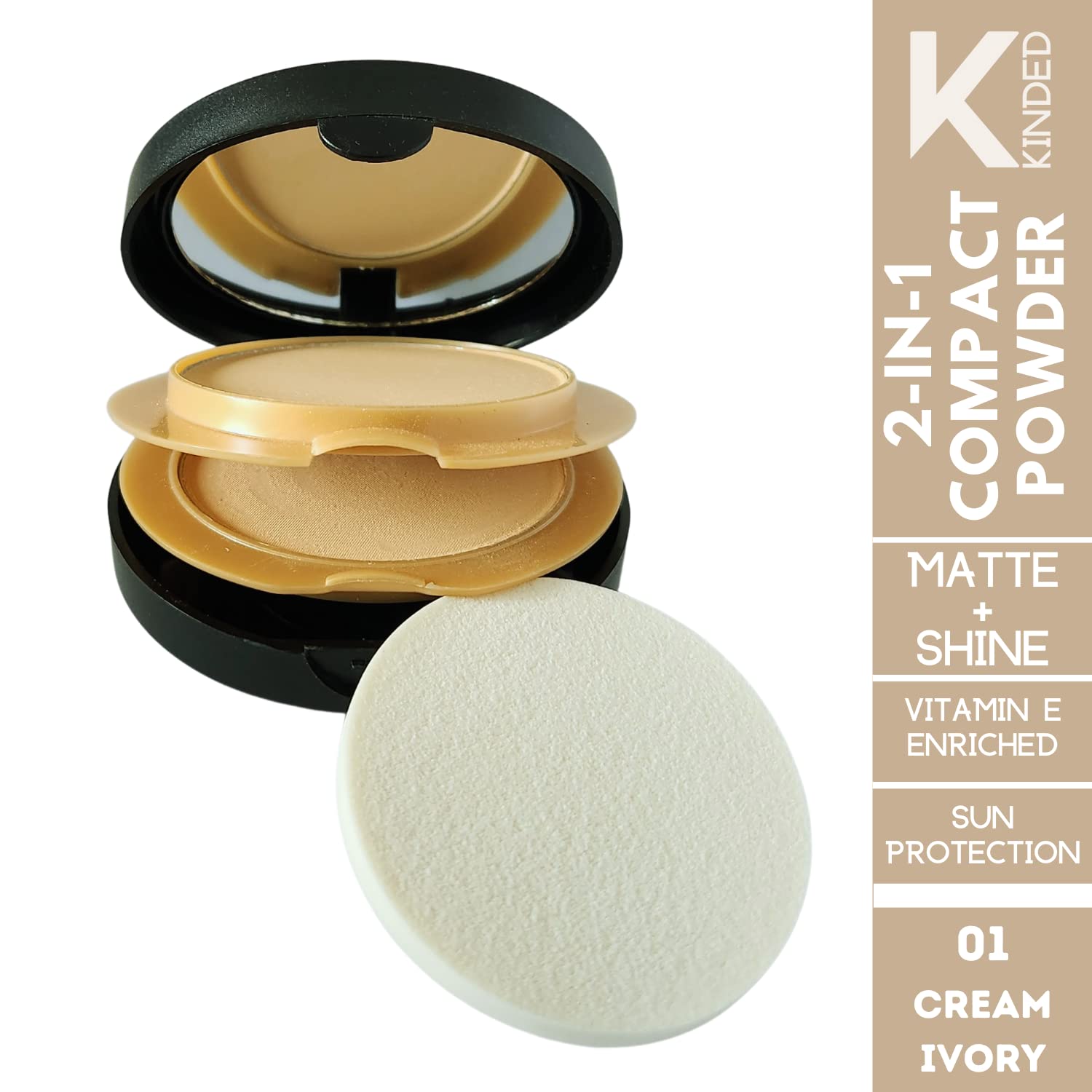 KINDED Matte & Shine 2-in-1 Compact Powder with Vitamin E & SPF 18 - Oil Control, Long Lasting, Waterproof Face Makeup for High Coverage & Shimmer (01 Cream Ivory, 18g) | Perfect for Daily Wear, Special Occasions & Touch-Ups On-The-Go
