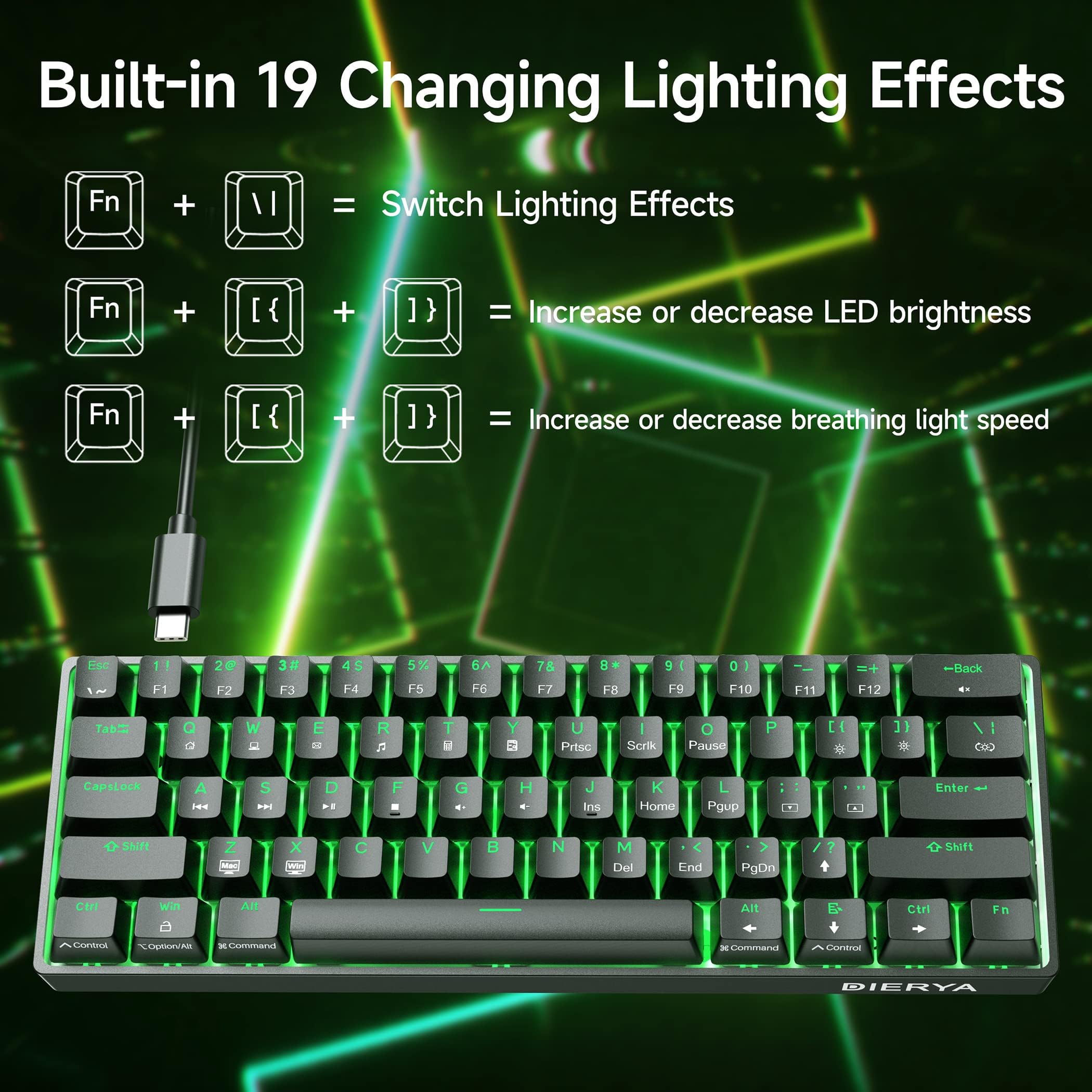 DIERYA DK61SE 60% Mechanical Gaming Keyboard - 61 Keys Anti-Ghosting RGB Backlit, Compact Wired USB-C Keyboard with Red Linear Switches for Windows PC/Mac Gamers & Typists - Perfect for Esports, Office Work & Programming