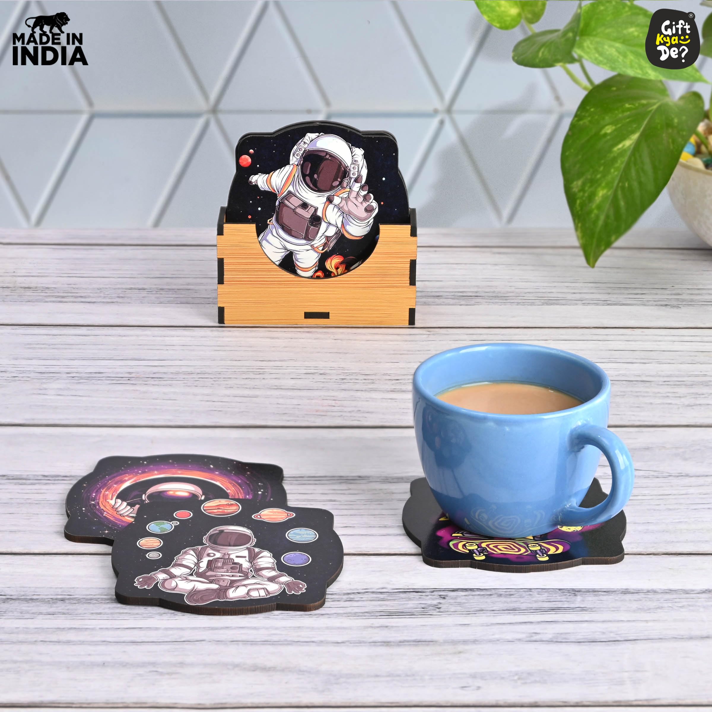 6-Pack Astronaut Theme Wooden Coasters Set - 3.8x3.8 Inch Square Eco-Friendly Drink Coasters for Coffee Mugs, Tea Cups & Glasses - Perfect for Space-Themed Home Decor, Office & Gift Giving