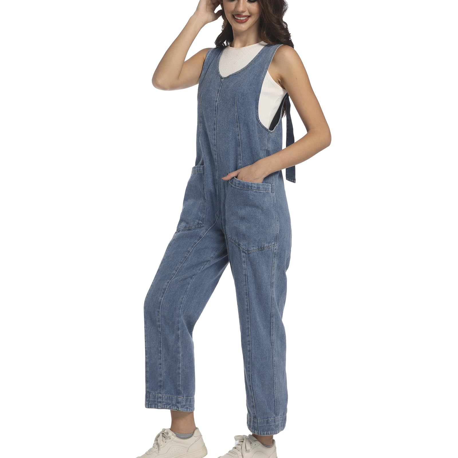 Women's Baggy Denim Jumpsuit with Pockets - Casual Streetwear Outfit