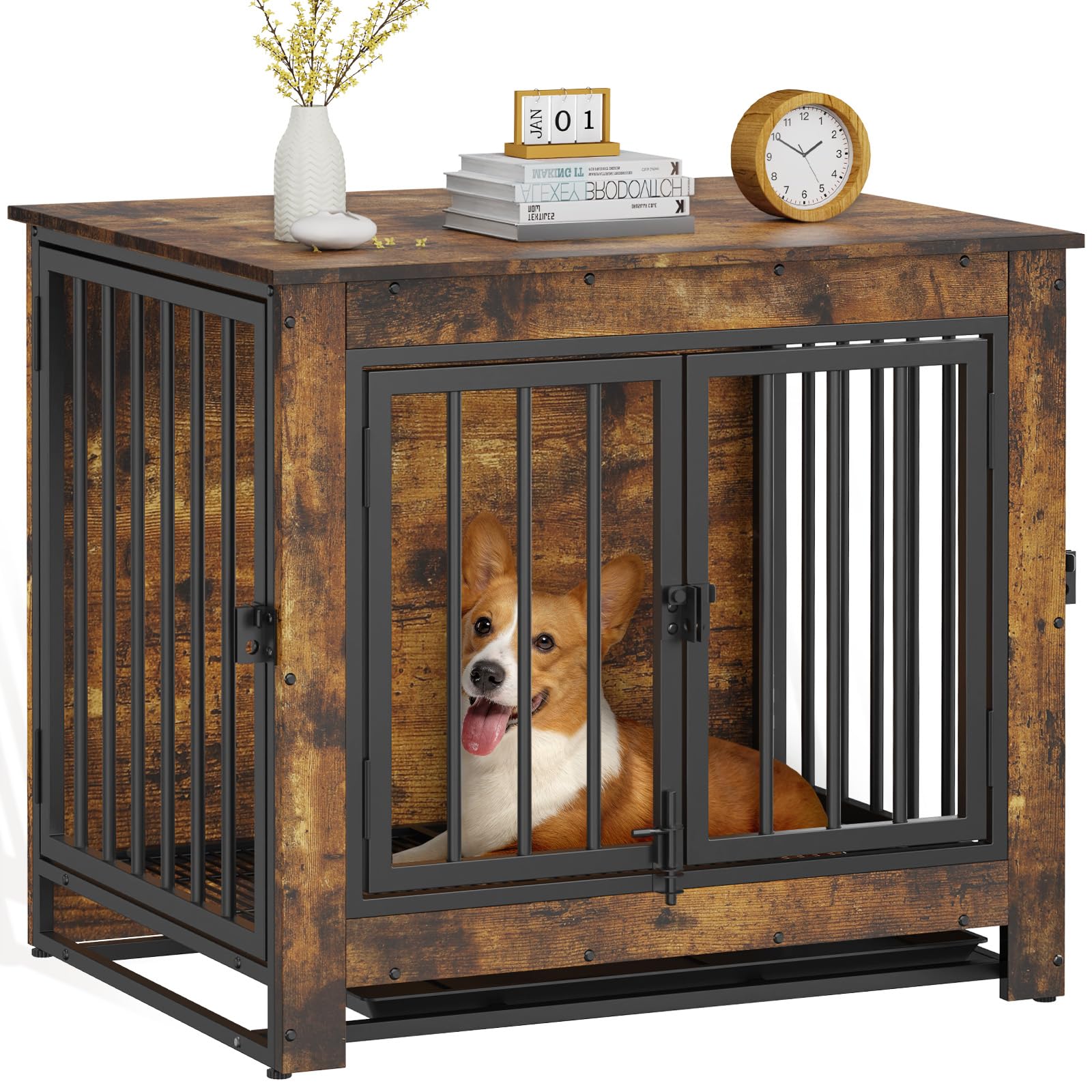 Modern Wooden Dog Crate Furniture - Rustic Brown End Table Kennel for Small & Medium Dogs | Indoor Pet Cage with Removable Tray & Double Doors | Perfect for Living Room, Bedroom, or Home Office Decor