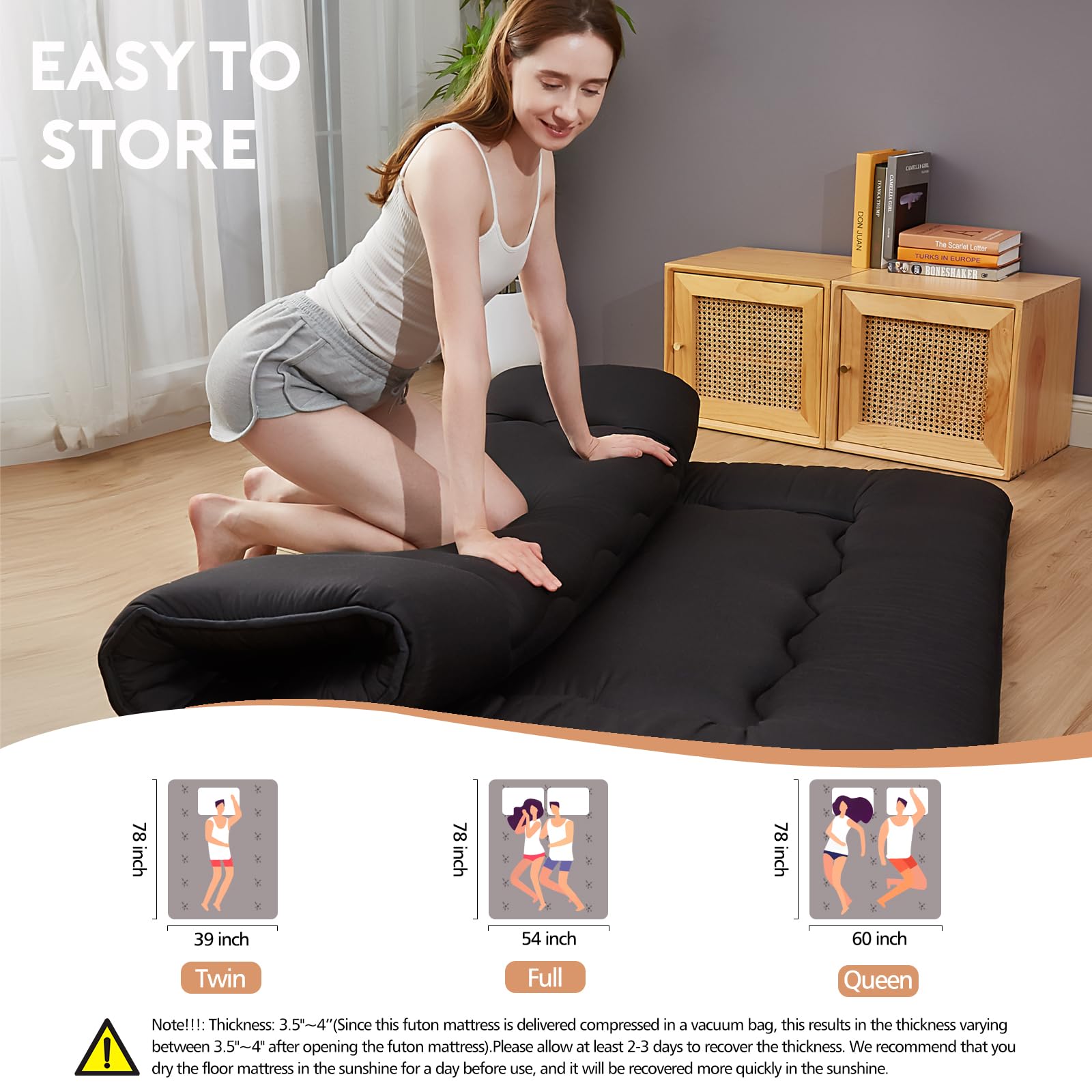 Japanese Futon Floor Mattress - Foldable Tatami Sleeping Mat with Washable Cover for Adults & Kids - Twin/Full/Queen Size (Queen, Black) - Perfect for Guest Rooms, Small Spaces & Minimalist Living
