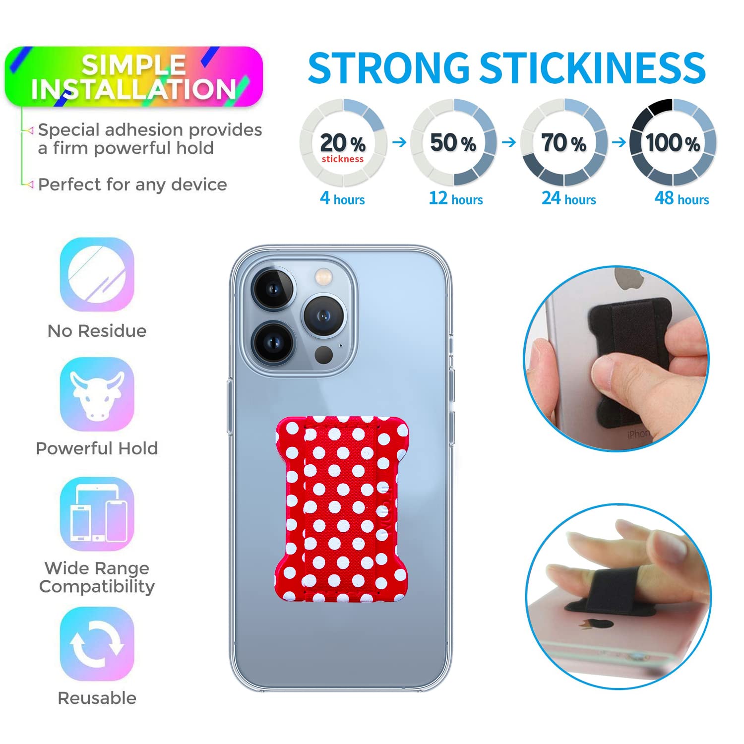 Universal Phone Grip Holder - 2 Pack Sticky Phone Stand for All Smartphones, Compatible with Wireless Charging (Dot Red) - Perfect for Gym, Driving, Video Calls & One-Handed Use