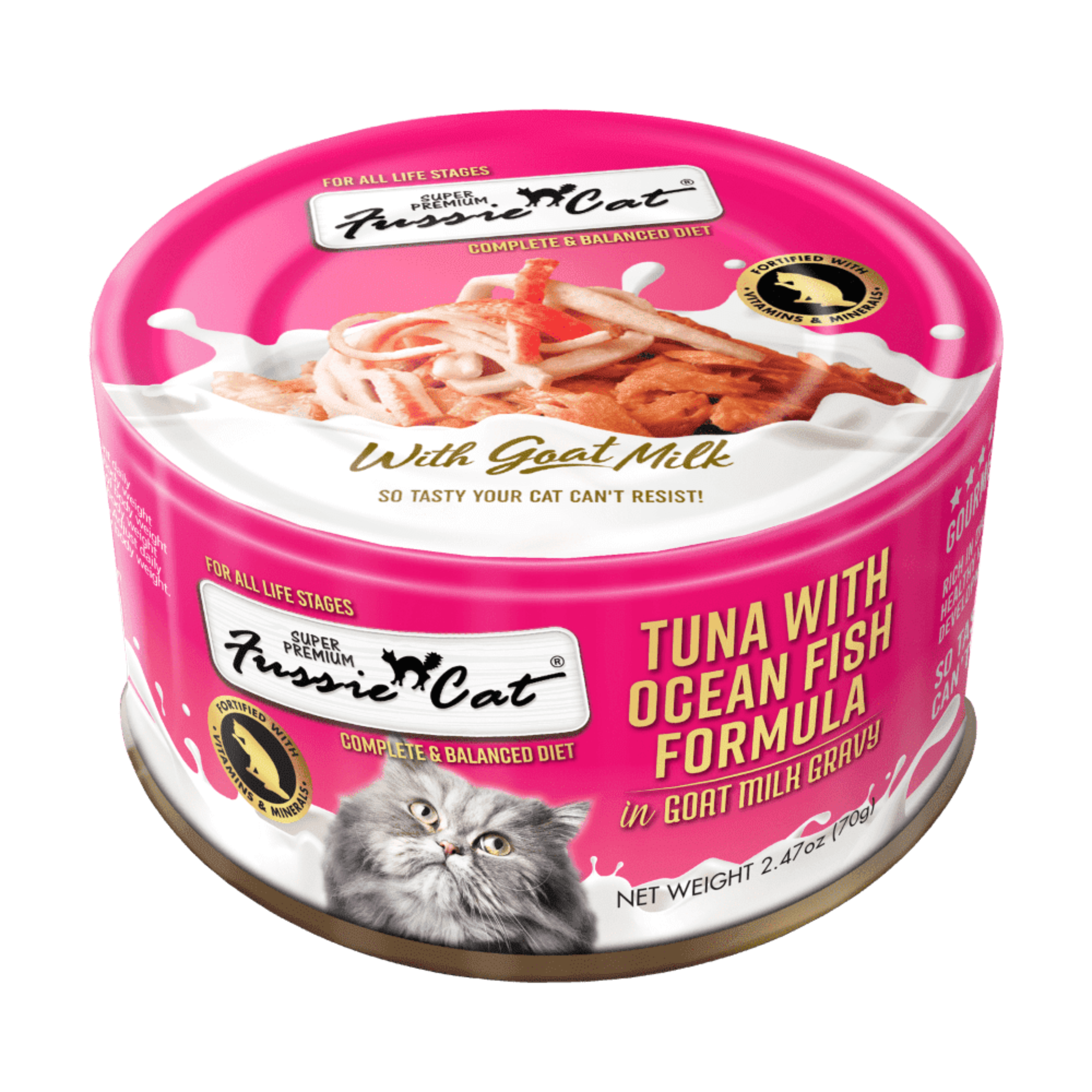 Premium Fussie Cat Goat Milk Tuna & Ocean Fish in Gravy Wet Cat Food - 70g Pouch for Kittens & Adult Cats - Perfect for Sensitive Stomachs & Picky Eaters