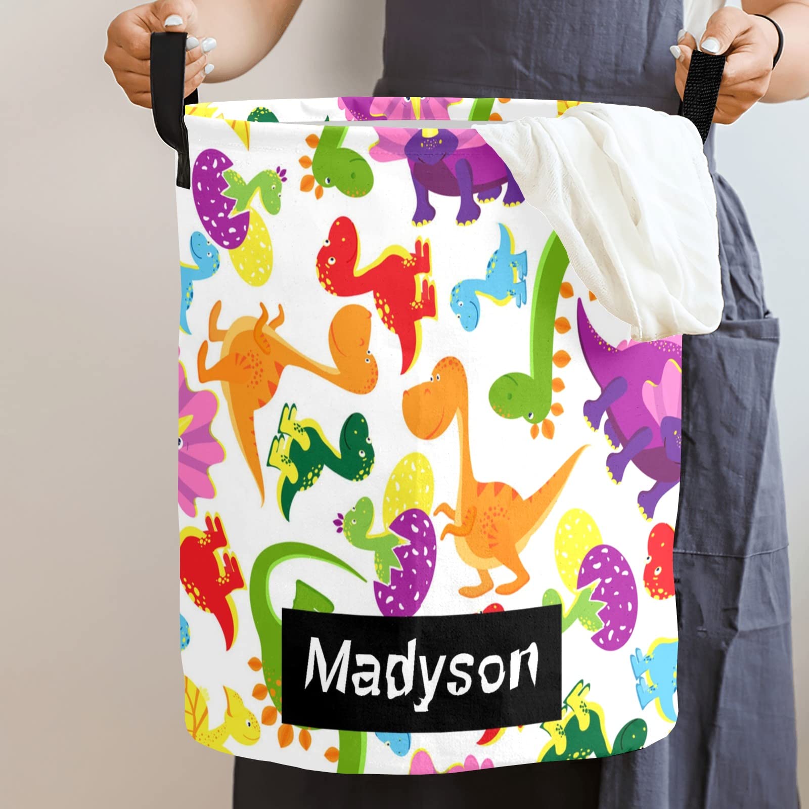 Custom Personalized Laundry Basket with Handle - Collapsible Clothes Hamper for Bedroom, Bathroom & Living Room Storage - Dinosaur Design (Ideal for Kids' Rooms, Dorm Organization & Space-Saving Home Decor)